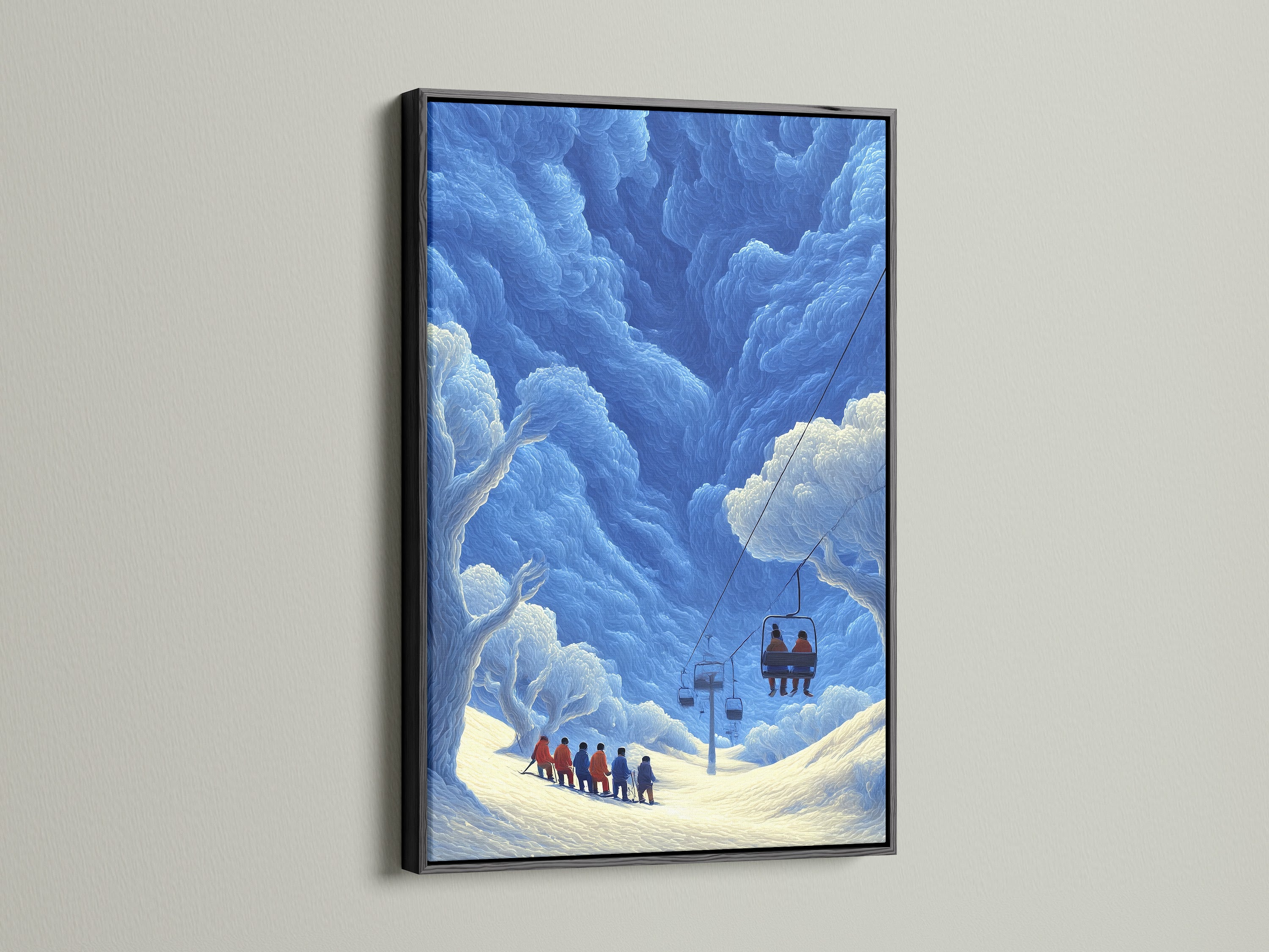A black frame provides a striking contrast to this blue winter mountain artwork. The vintage ski lift poster is a focal point in any room. The black frame adds a modern touch to cabin wall decor. Ideal for creating a bold statement with alpine wall art.