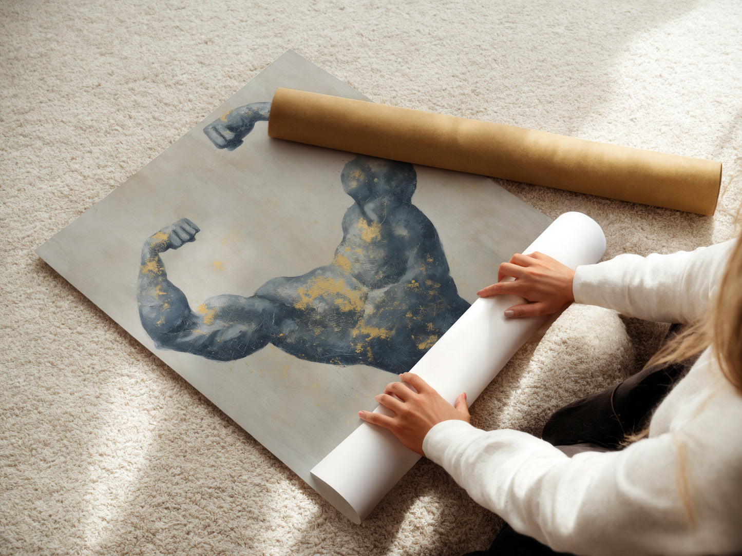 A woman is carefully rolling a fine art poster paper print. The muscle art is ready to be framed. This bodybuilder art makes a statement for fitness enthusiasts. Perfect for modern spaces.