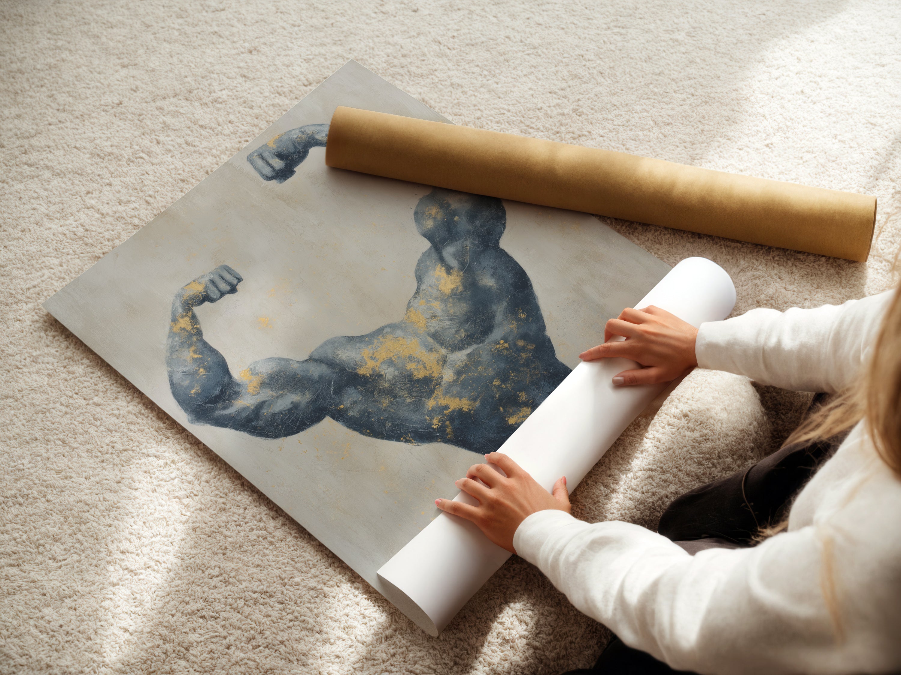 A woman is carefully rolling a fine art poster paper print. The muscle art is ready to be framed. This bodybuilder art makes a statement for fitness enthusiasts. Perfect for modern spaces.