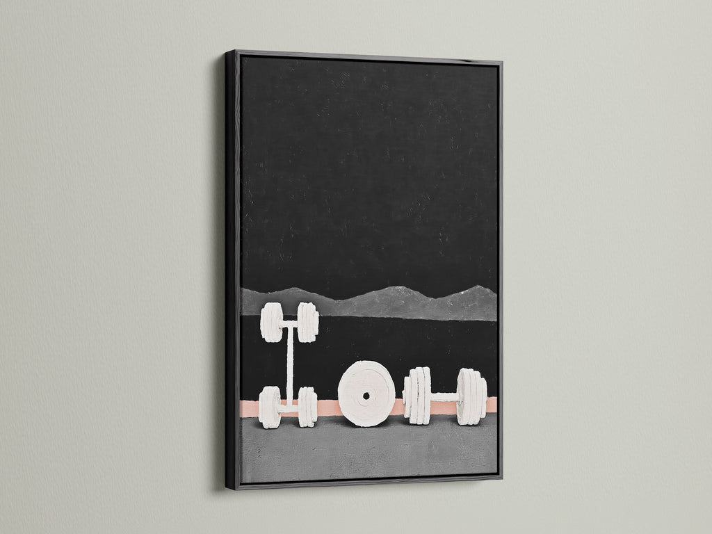 This black frame surrounds modern gym weights artwork. The fitness wall art has an abstract dumbbell design. The black frame adds a bold touch to gym decor. It's a perfect gift for fitness fanatics. Elevate your workout space with this striking print. It is sleek and modern.
