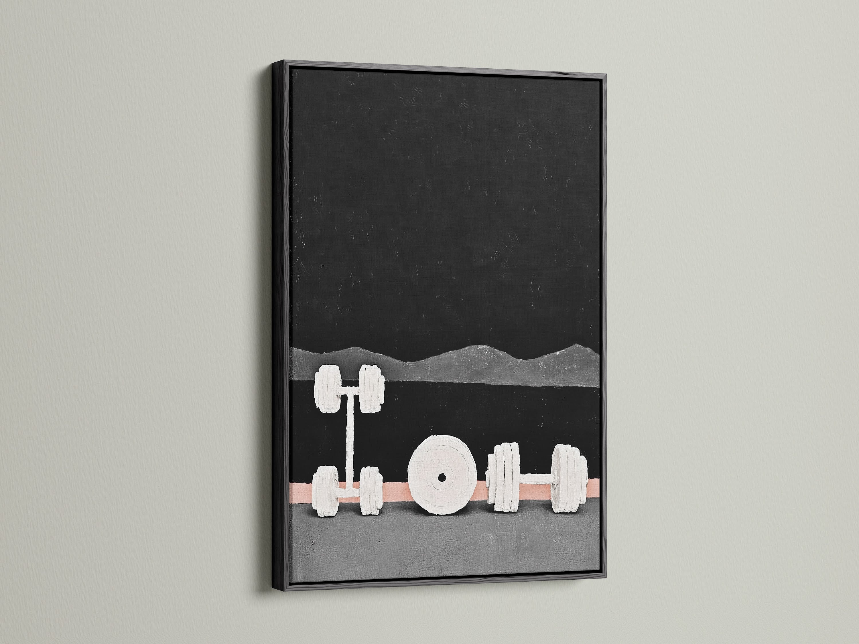 This black frame surrounds modern gym weights artwork. The fitness wall art has an abstract dumbbell design. The black frame adds a bold touch to gym decor. It's a perfect gift for fitness fanatics. Elevate your workout space with this striking print. It is sleek and modern.