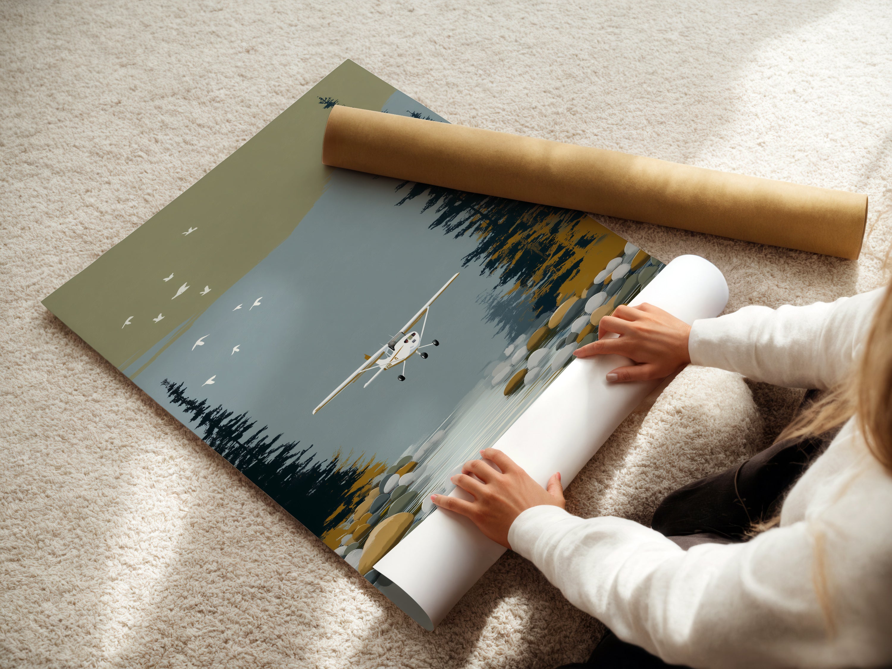 A woman carefully rolling a fine art poster paper print of the seaplane artwork. This vintage airplane poster is ready to be framed. Perfect rustic wall art for any space. Discover our aviation wall art collection today.