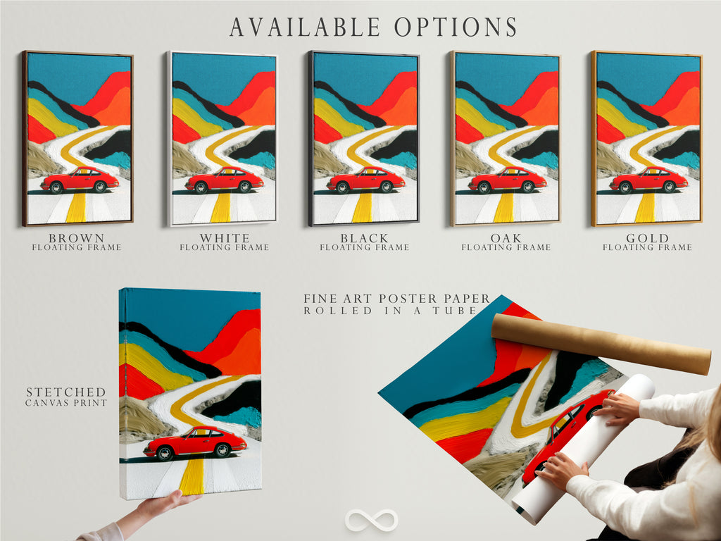 Available options for vintage car art. Choose from stretched canvas prints to fine art poster paper and floating frames. Find the perfect retro sports car wall art for your needs today.