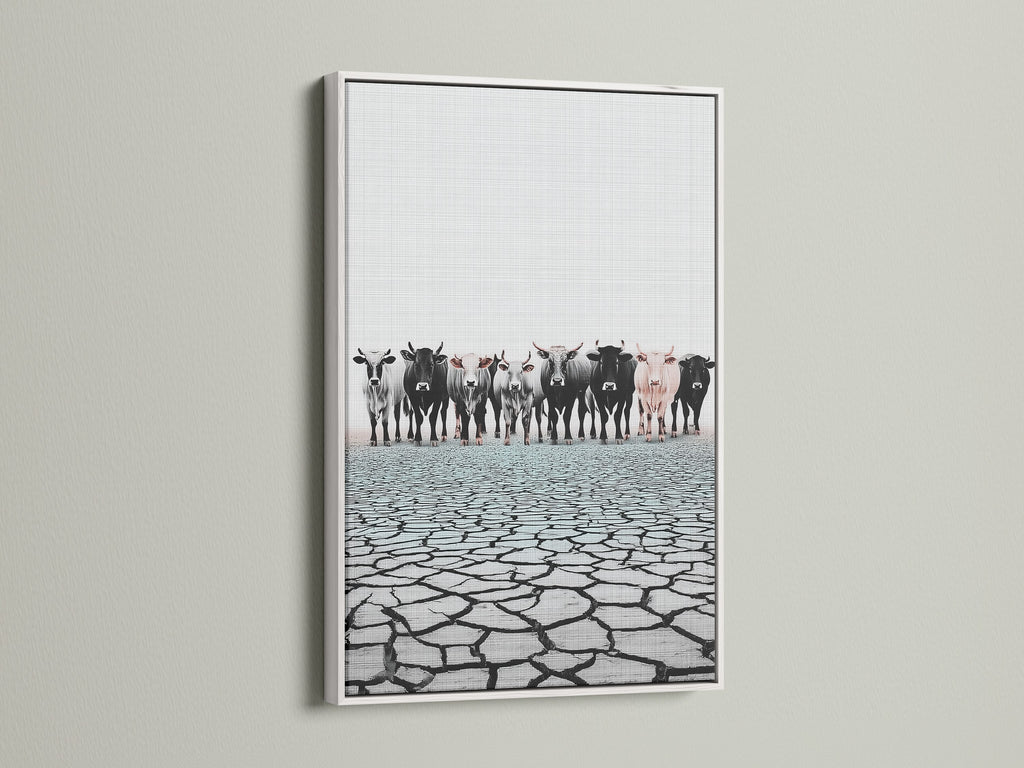 Cattle canvas print in a white frame. A stunning piece of farm animal art. Ideal for adding a touch of country charm. Explore our white frame options for your home or office.