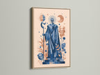 Mystical Tarot Art Print displayed in an oak frame. The celestial blue sage artwork enhances meditation rooms. Bring a spiritual and bohemian canvas to your living space. Ideal for eclectic and boho styles.