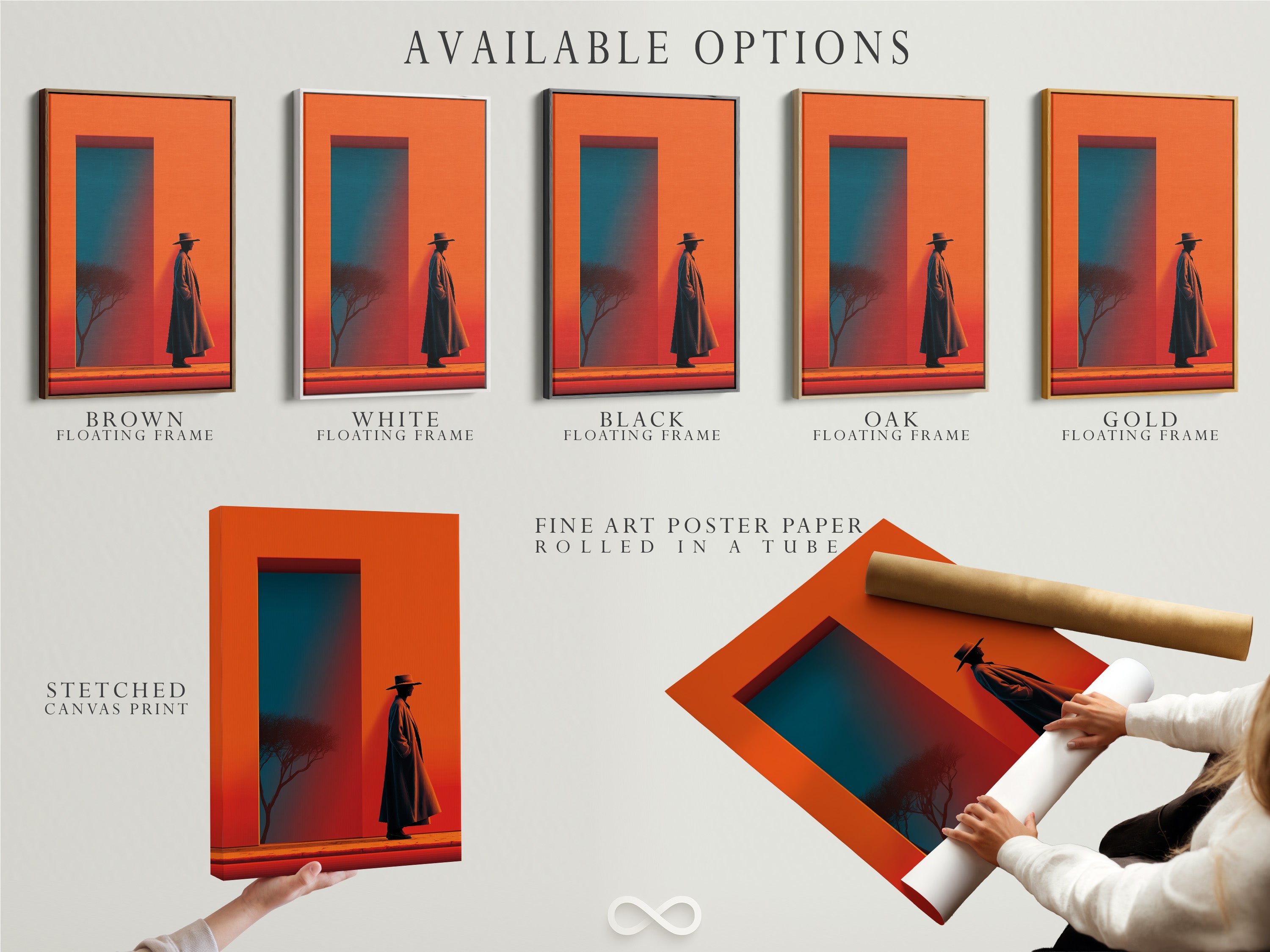 Available options for Western Cowboy art. Choose from stretched canvas prints fine art poster paper or floating frames. The retro desert art features orange and teal colors. Find the perfect option for your style.