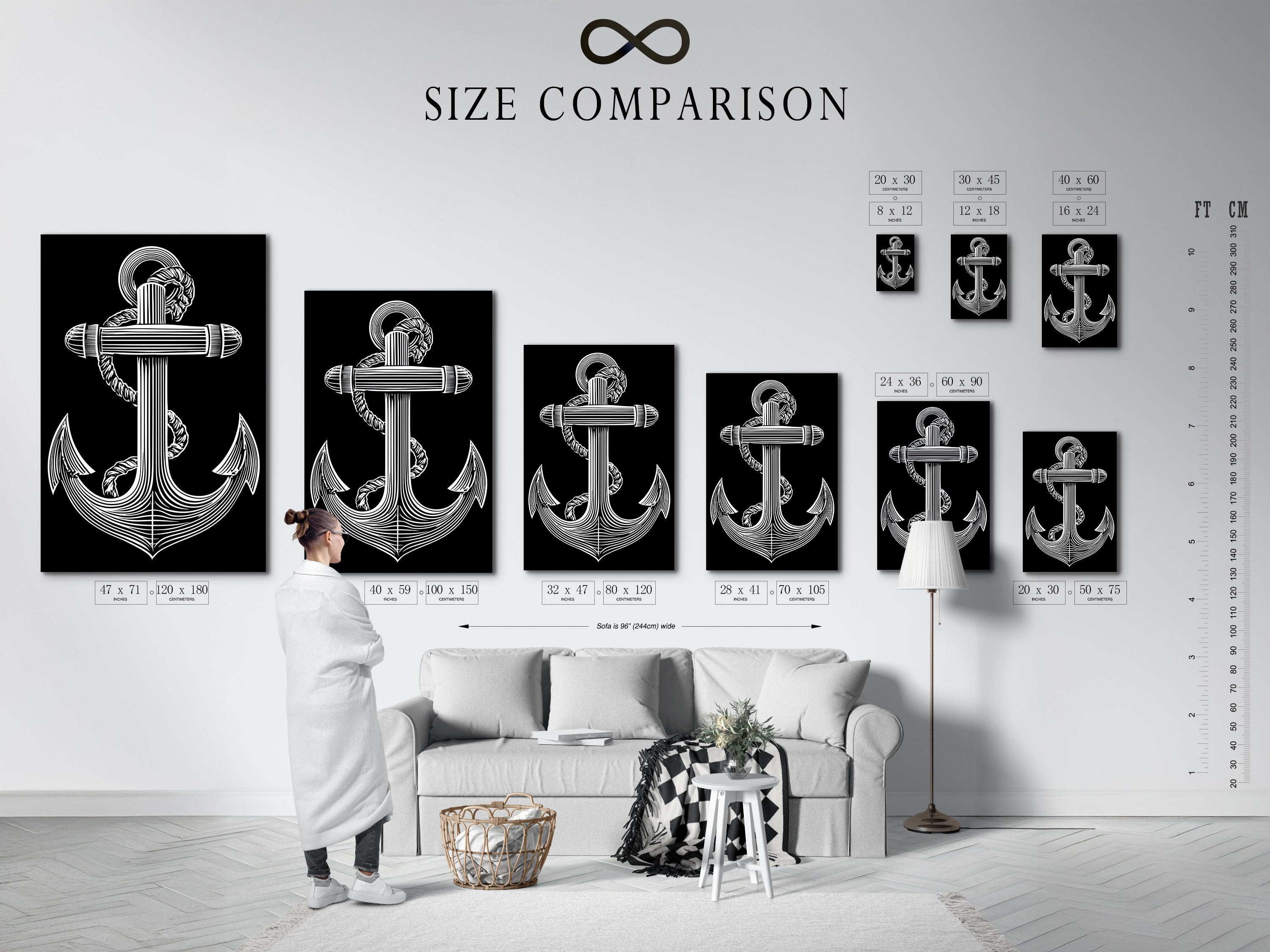 Size comparison chart displayed in a home interior. This chart helps visualize the different art print sizes. Find the perfect size art to fit your space and style. Make informed decisions when selecting your artwork. Explore our size options and transform your decor. Visualize the possibilities for your home