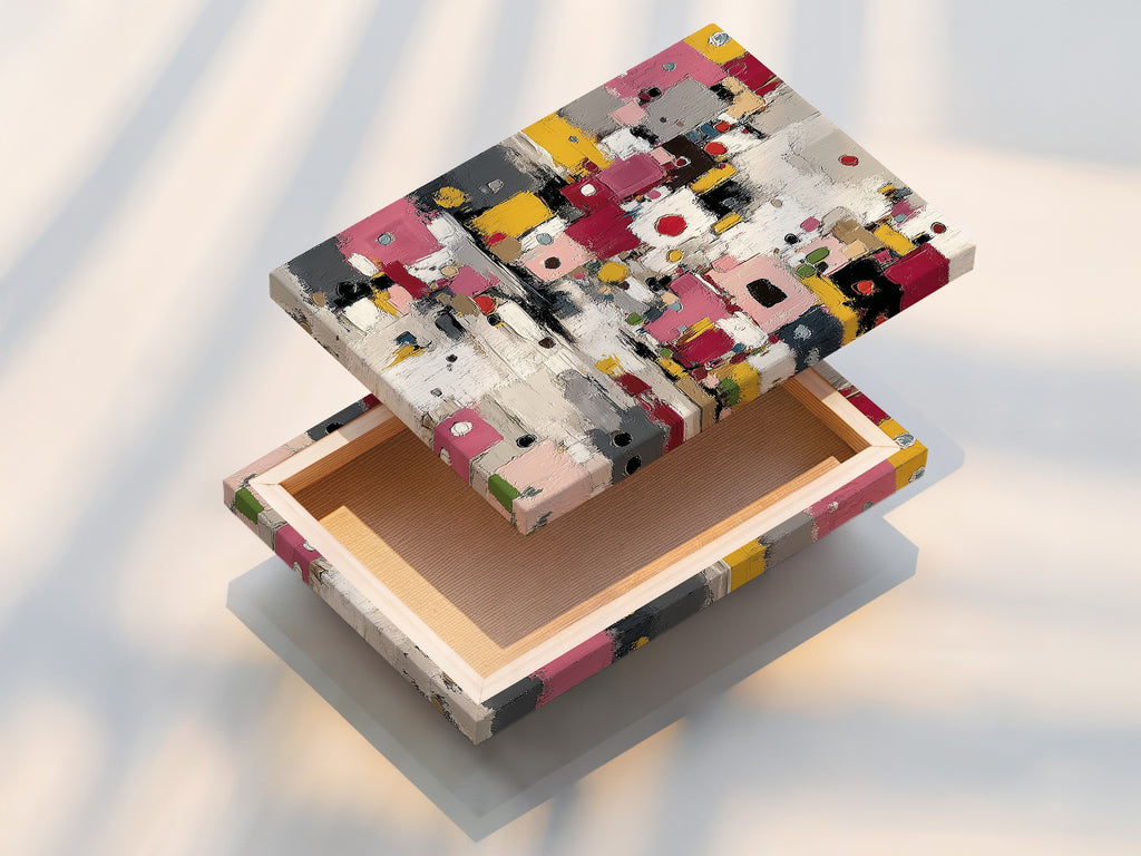 Stretched canvas print featuring abstract colorful artwork. Modern geometric print adds vibrancy to your walls. Contemporary pink yellow decor complements any interior. Perfect for living rooms dining rooms and offices.