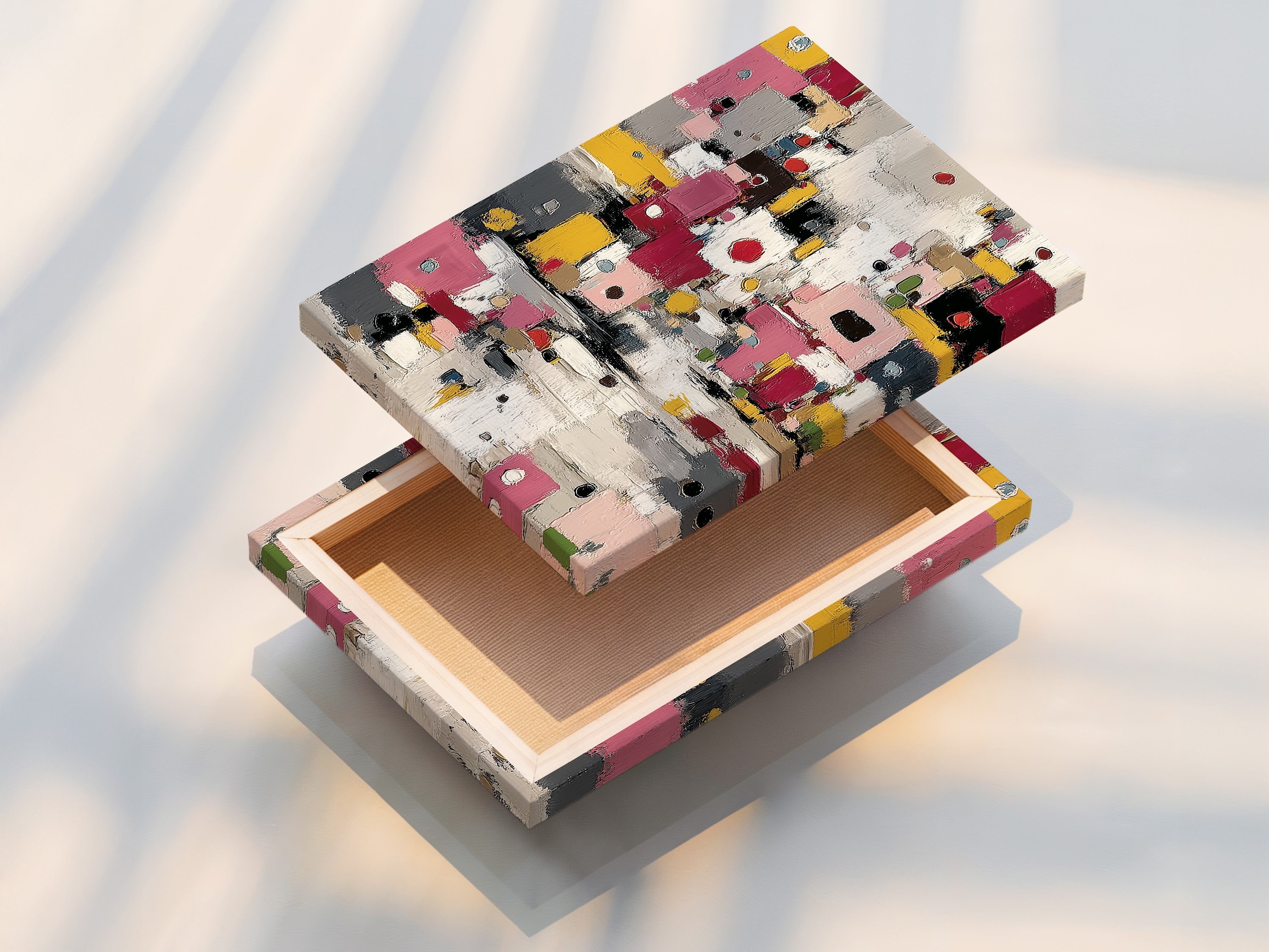 Stretched canvas print featuring abstract colorful artwork. Modern geometric print adds vibrancy to your walls. Contemporary pink yellow decor complements any interior. Perfect for living rooms dining rooms and offices.