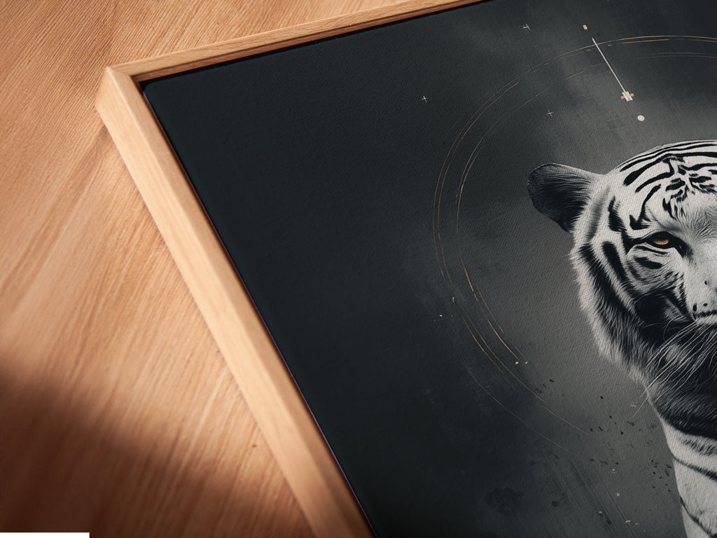 Close-up angled view of a canvas print in a floating frame. This mystical tiger art adds a unique touch to your space. The celestial animal and moon phases create a spiritual ambiance. A great choice for modern wall decor.