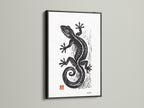 The black frame provides a bold contrast. It is paired with a black gecko art print. The frame is sleek and sophisticated. The artwork's details are accentuated. This framed art makes a statement in any room.