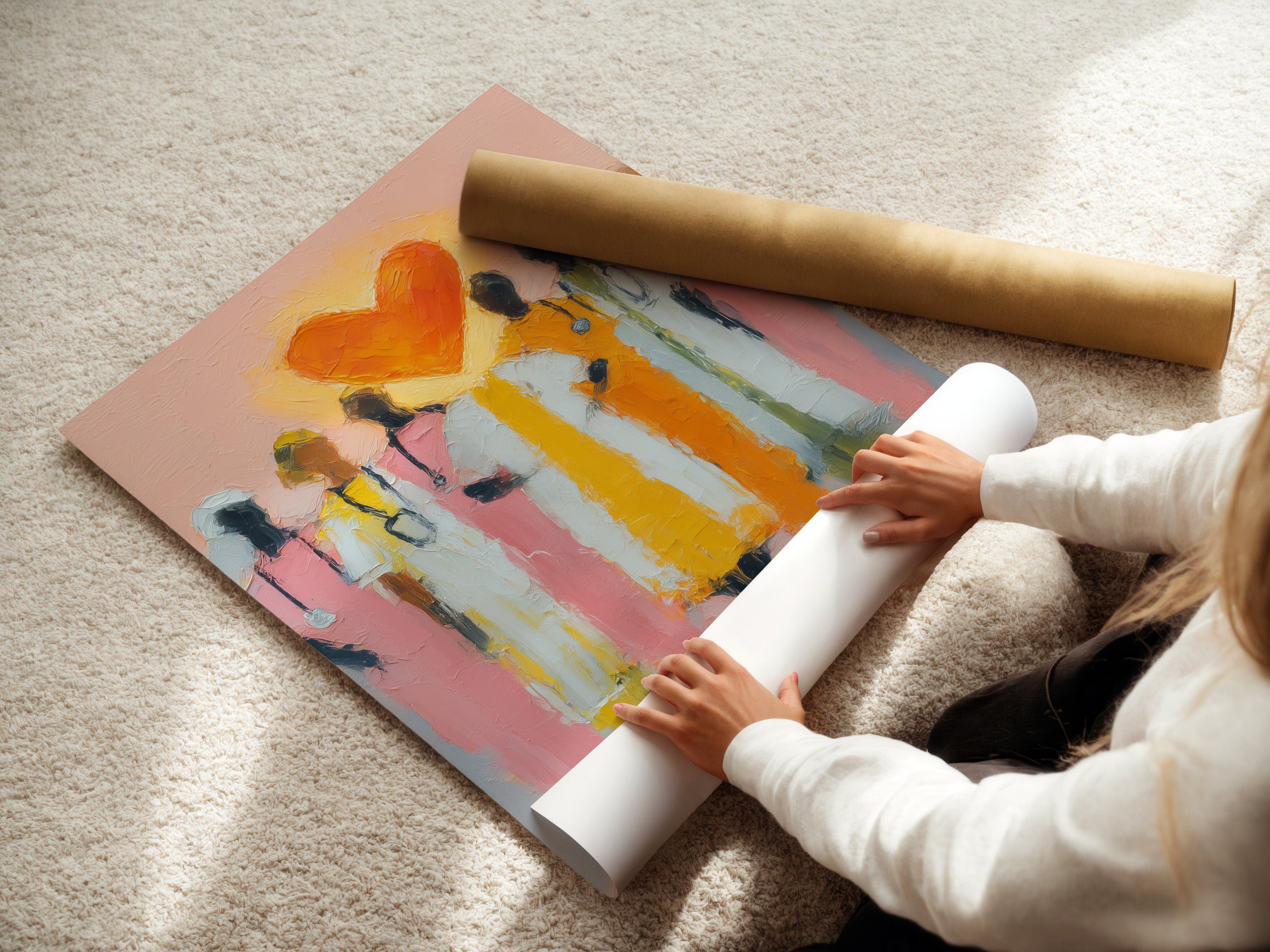 A woman is carefully rolling a fine art poster paper. This poster features the Medical Heroes artwork. This high-quality print is perfect for framing. It adds an inspirational touch to any medical environment. Ideal for healthcare workers seeking stylish decor.