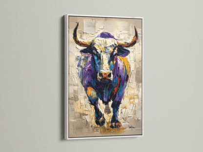 The artwork of a bull comes in a white frame. The white frame offers a clean and modern look. This artwork is versatile and fits any decor style. The bull is depicted in vibrant colors. Add a touch of sophistication to your living space with this piece.
