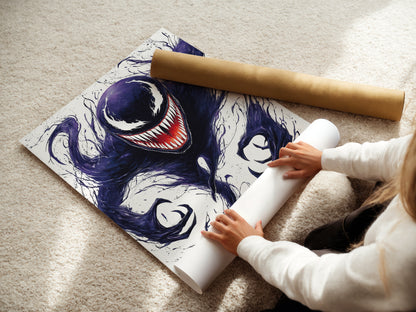 A woman is carefully rolling a fine art poster. This symbiote inspired artwork is getting ready to be shipped. The gothic monster poster is perfect for any wall. The dark creature is about to find a new home.