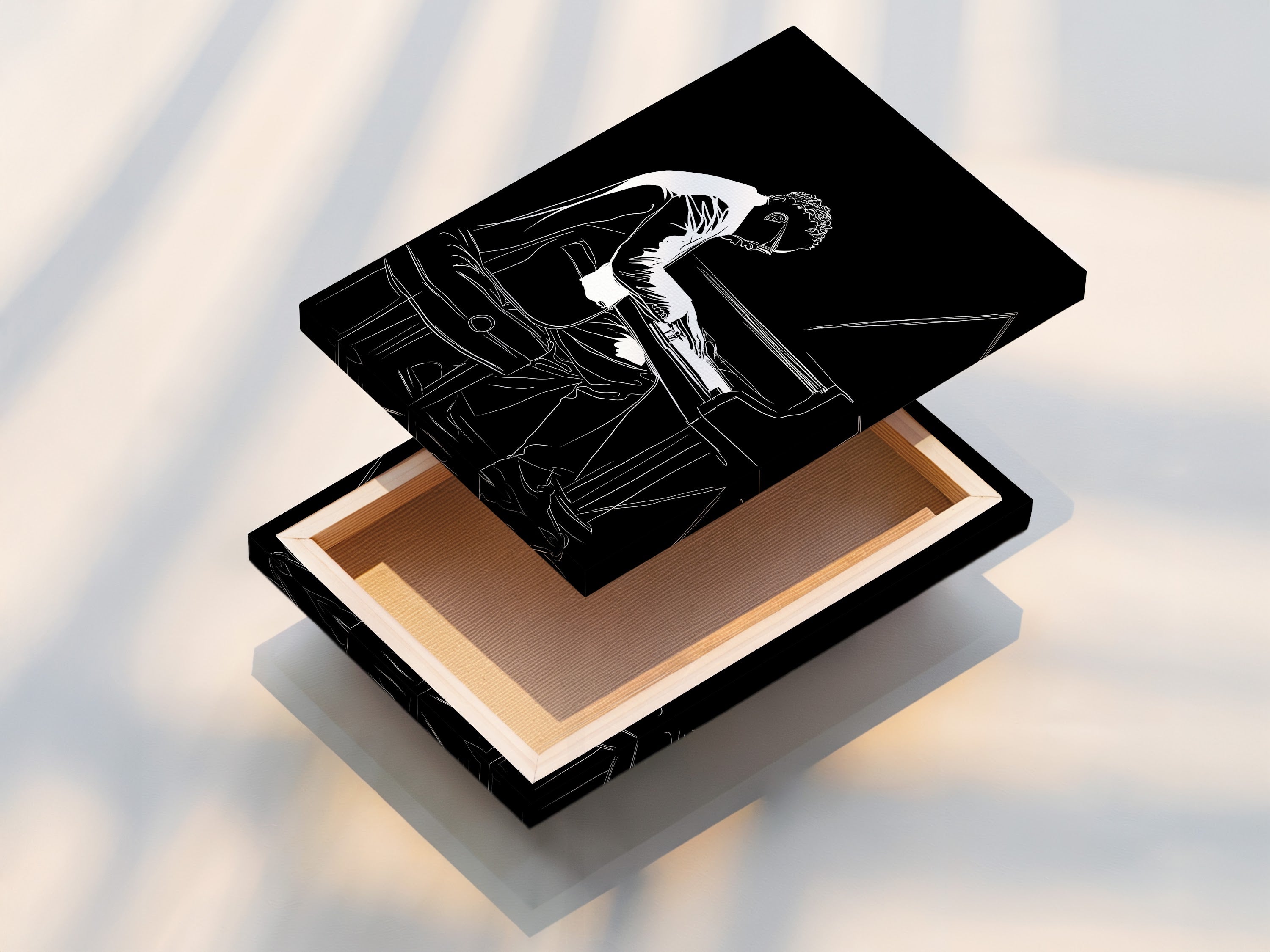 View a stretched canvas print of this piano player artwork. The jazz musician canvas wall art is ready to hang. Enhance your study room with black and white music wall decor. This musician canvas brings sophistication to your space.