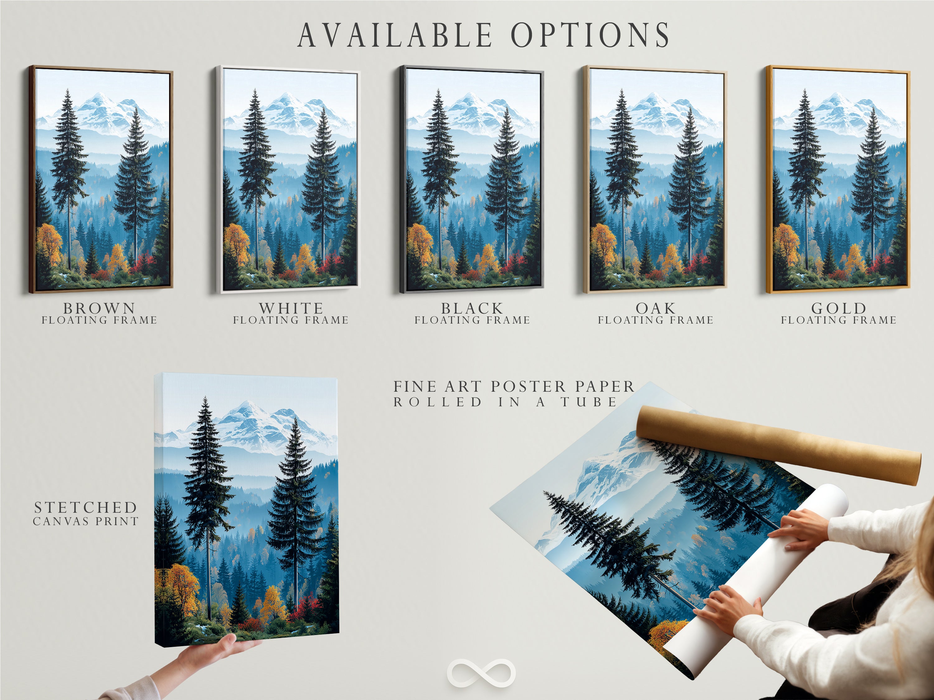 Available options for Mountain Forest artwork. Choose from stretched canvas print. Select fine art poster paper. Or a floating frame. Find the perfect style for your nature photography. Elevate your rustic art.