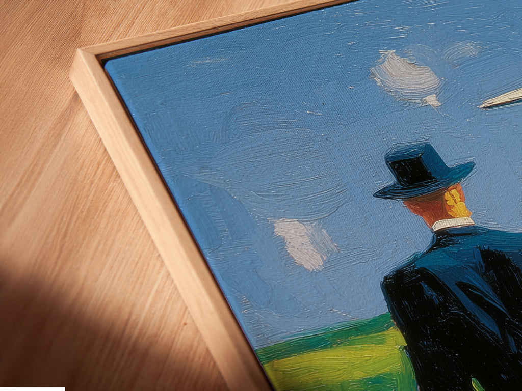 Angled close up of a canvas print in a floating frame. This modern artwork depicts a mysterious man observing a UFO over a green landscape. Perfect for adding a contemporary touch to your living space or office wall.