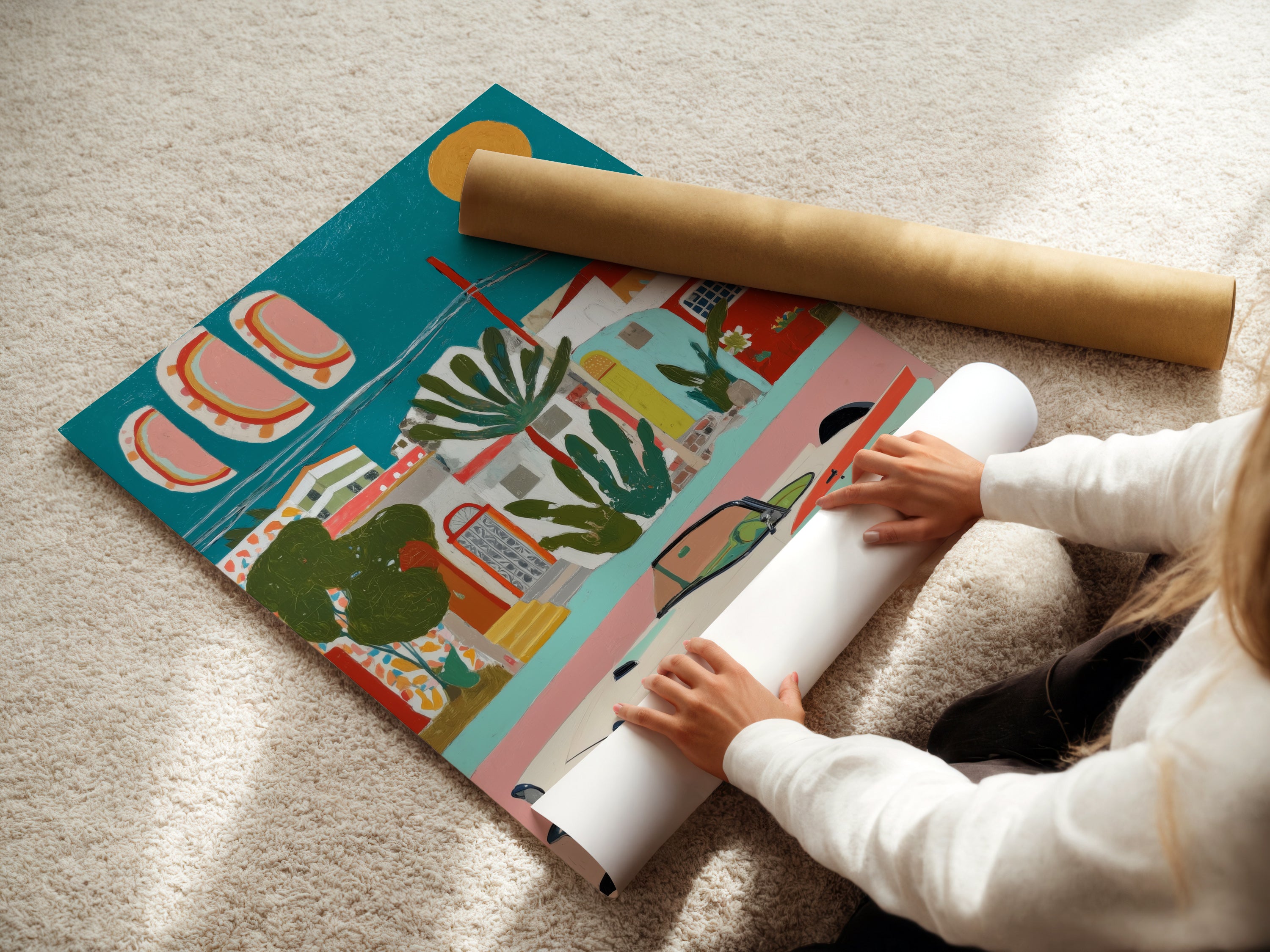 A woman is carefully rolling a fine art poster paper. The fine art paper is perfect for high-quality art prints. It ensures vibrant colors and sharp details. This poster paper is ideal for Mediterranean Village artwork and vintage car prints.