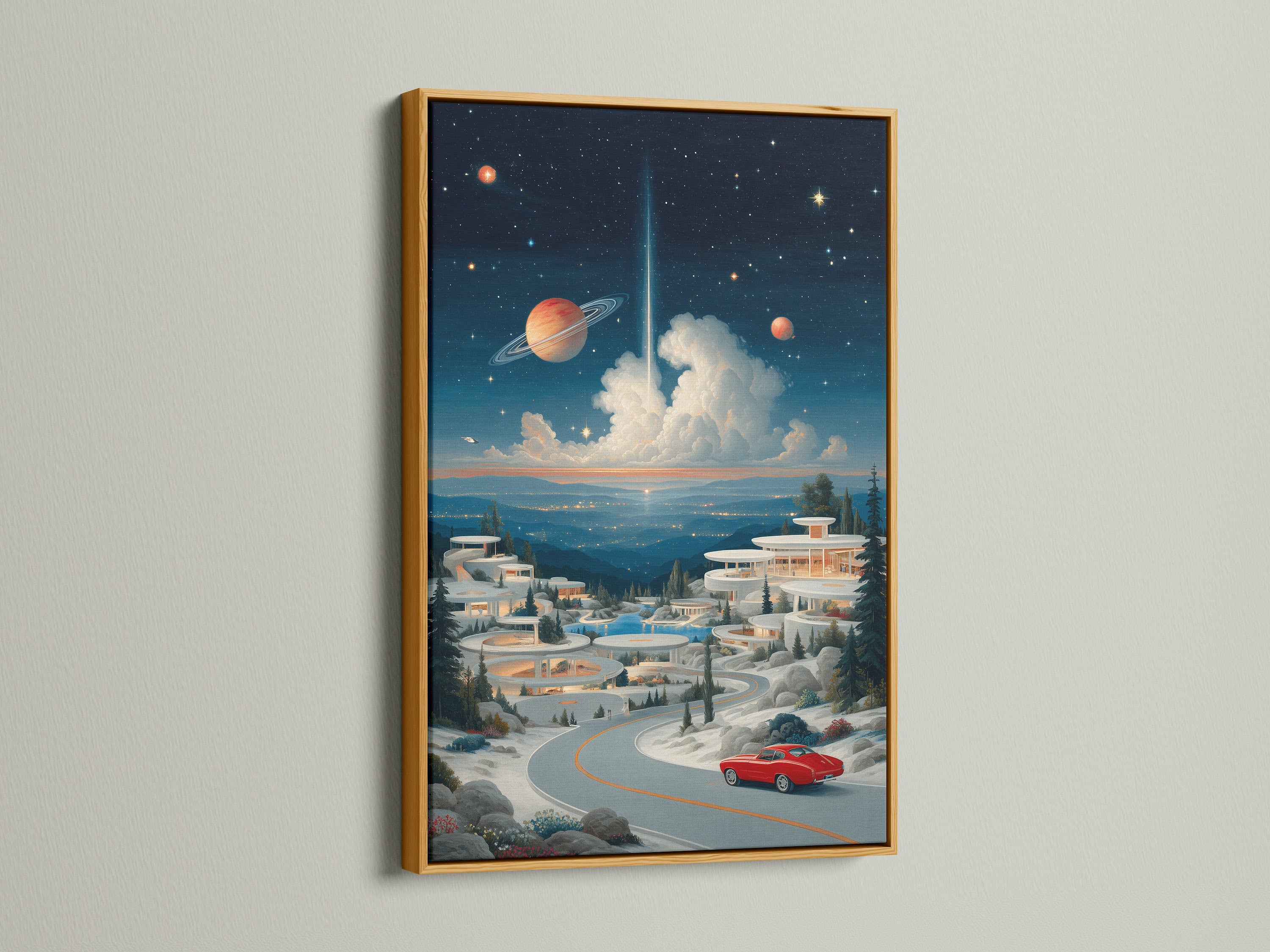 Surreal space landscape artwork with a gold frame. This retro futuristic wall art brings elegance to your space. The cosmic village poster is perfect for mid-century interiors. Transform your walls with galaxy art prints.