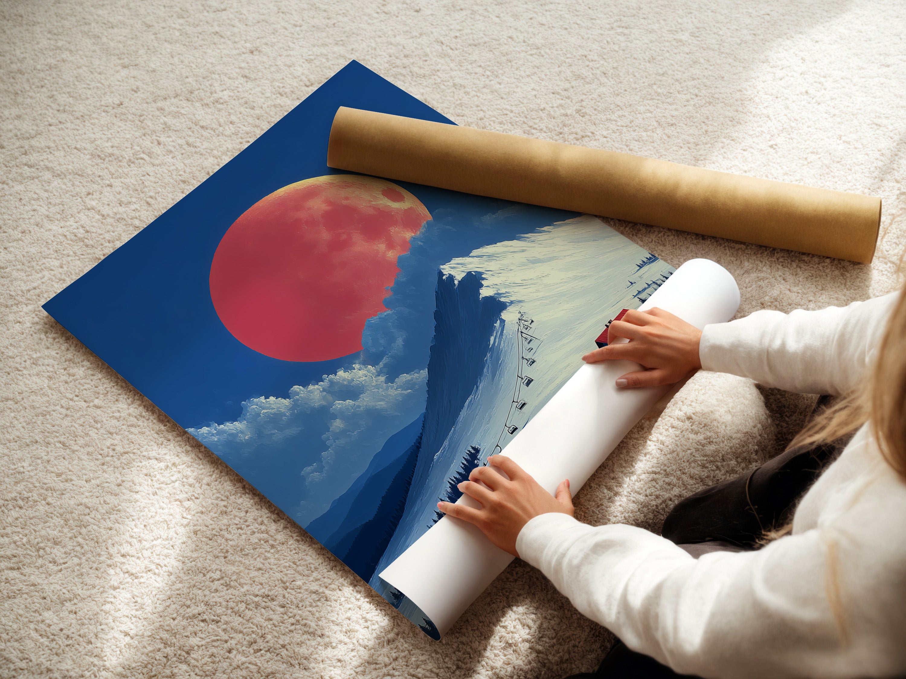 A woman is carefully rolling a fine art poster paper. The paper showcases a stunning ski resort artwork. The alpine winter scene is perfect for wall art. This poster paper allows for easy customization. The coral moon mountain landscape adds a unique touch.