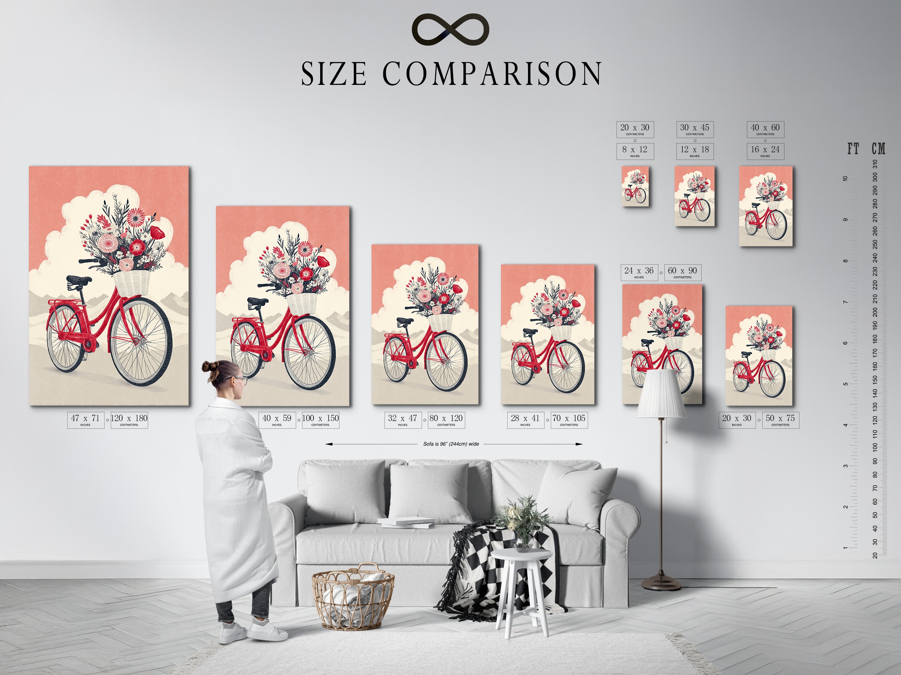 Size comparison chart in an interior setting. See how the vintage bicycle art fits in your space. The coral pink floral bike artwork is available in multiple sizes. Find the perfect botanical poster for your wall. Visualize your artwork today.