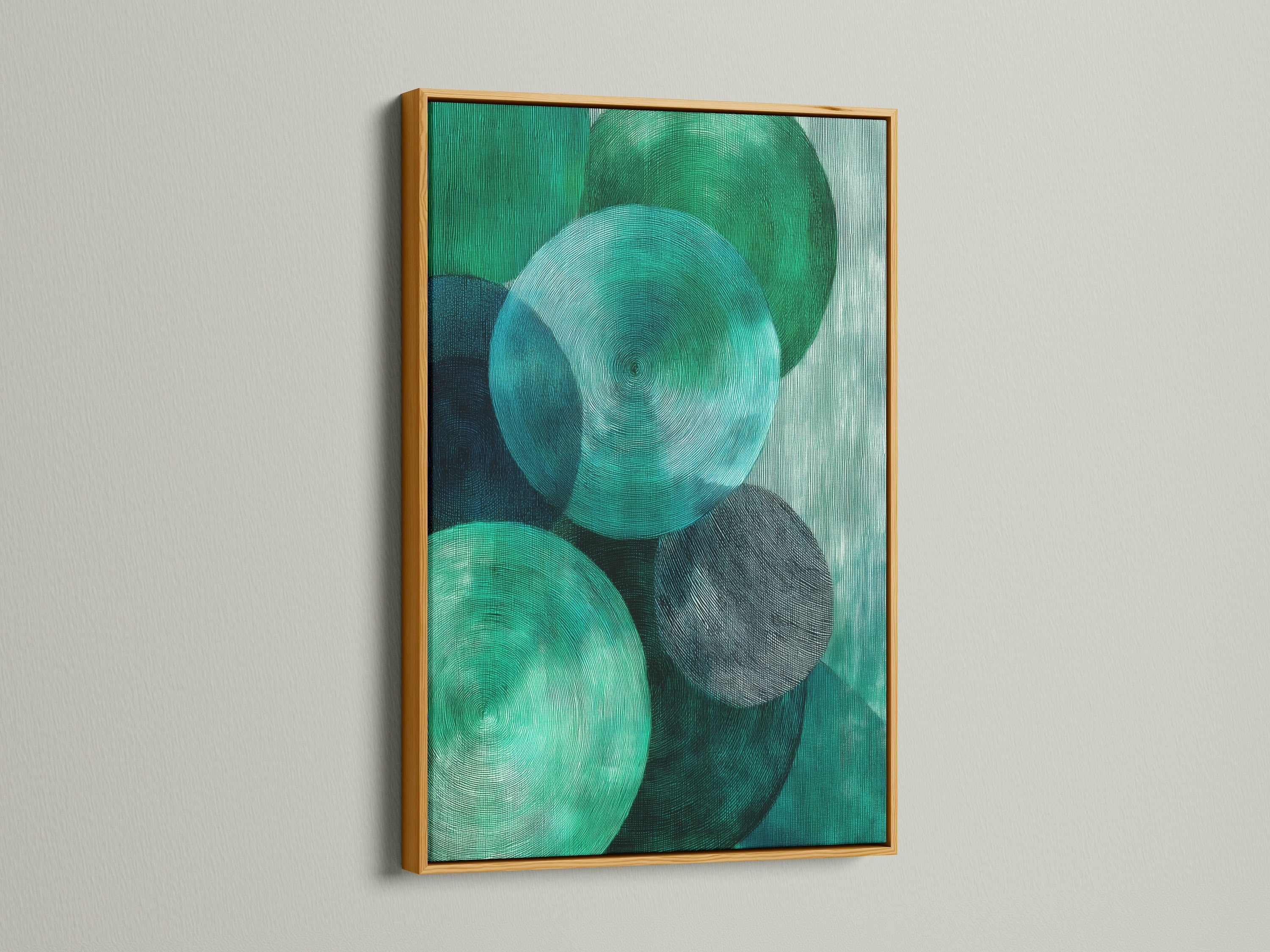 Abstract Geometric Canvas art in a gold frame. The artwork features emerald green circles. This modern textured print is great for office wall decor. Perfect for homeowners renters interior designers and business owners seeking elevated modern art.