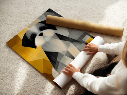 A woman carefully rolls a fine art poster paper. She is preparing it for framing or display. This high-quality material ensures the artwork is preserved. It offers a different option for showcasing the geometric dog portrait. Ideal for those who appreciate fine art prints. This is a versatile pet home decor choice.