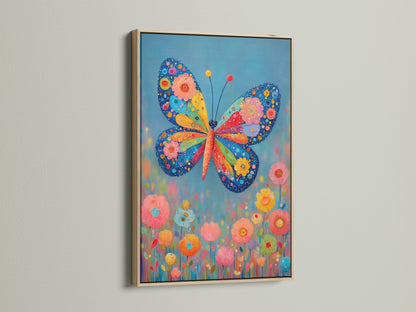 Butterfly Canvas Print in an oak frame. The colorful floral wall art brings a touch of nature. It is perfect for kids room decor. This whimsical art is a vibrant addition to any home.