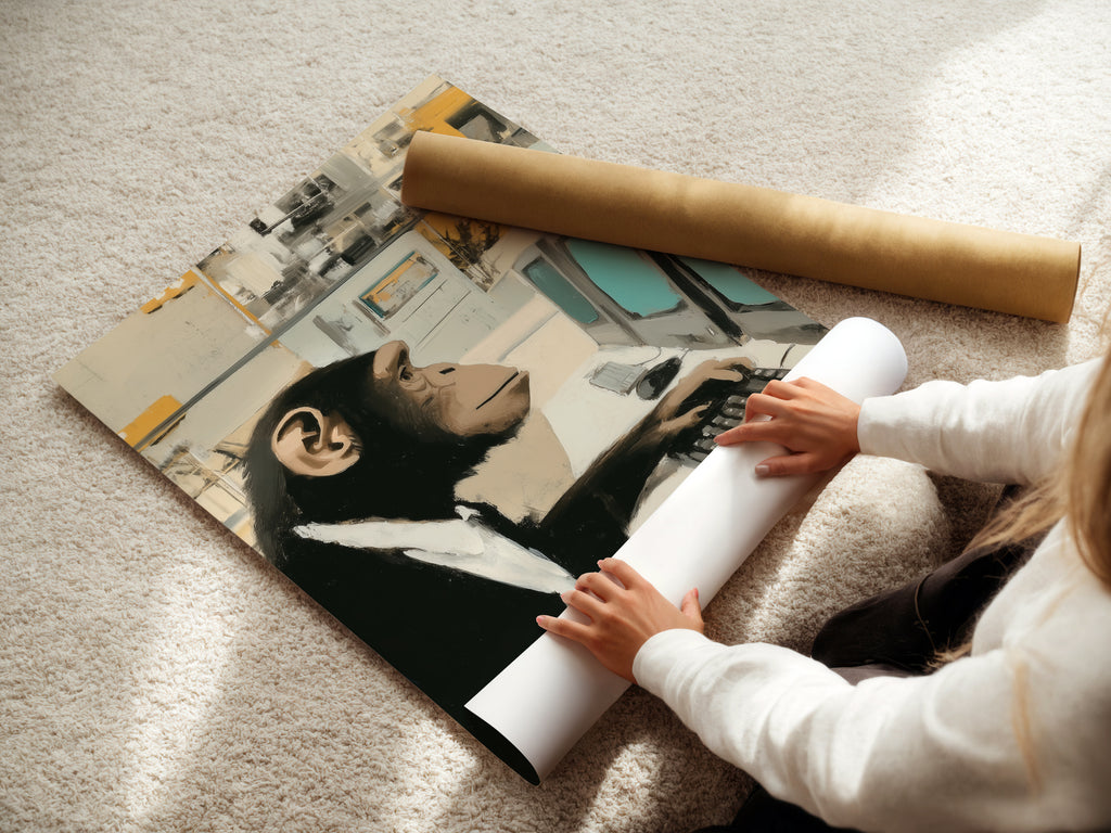 A woman carefully rolls a fine art poster paper print. The Monkey Office Art Print is ready for framing. This working animal art is perfect for home or office. The fine art poster paper ensures high quality. This primate artwork is a unique addition to any collection. It is ideal for those seeking elevated decor.