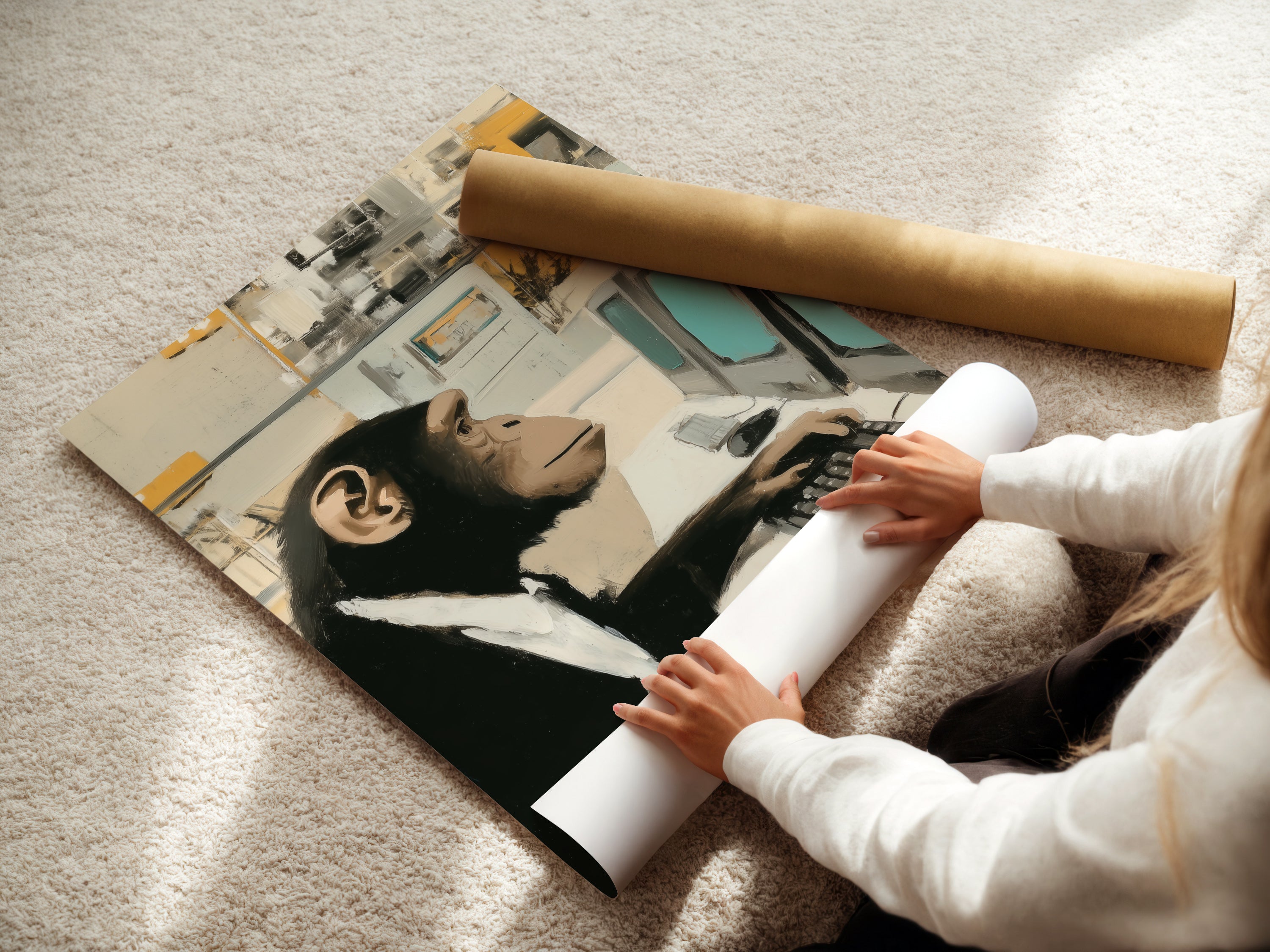 A woman carefully rolls a fine art poster paper print. The Monkey Office Art Print is ready for framing. This working animal art is perfect for home or office. The fine art poster paper ensures high quality. This primate artwork is a unique addition to any collection. It is ideal for those seeking elevated decor.