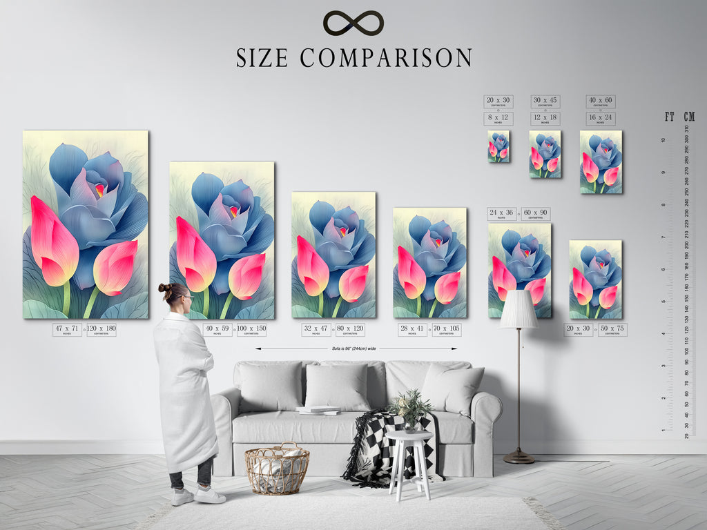 Size comparison chart in an interior setting showcasing various sizes of pink and blue lotus flower artwork. Use this chart to visualize the perfect size for your space. Available in stretched canvas fine art poster and floating frame options. Find your fit today.