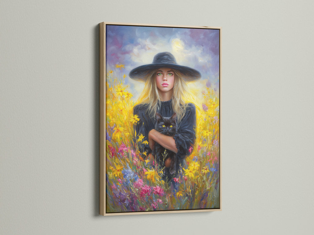 This artwork is displayed in a beautiful oak frame. The art features a woman and her cat in a vibrant flower field. The oak frame enhances the artwork's natural beauty. Perfect for adding a touch of elegance to any room.