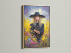 This artwork is displayed in a beautiful oak frame. The art features a woman and her cat in a vibrant flower field. The oak frame enhances the artwork's natural beauty. Perfect for adding a touch of elegance to any room.