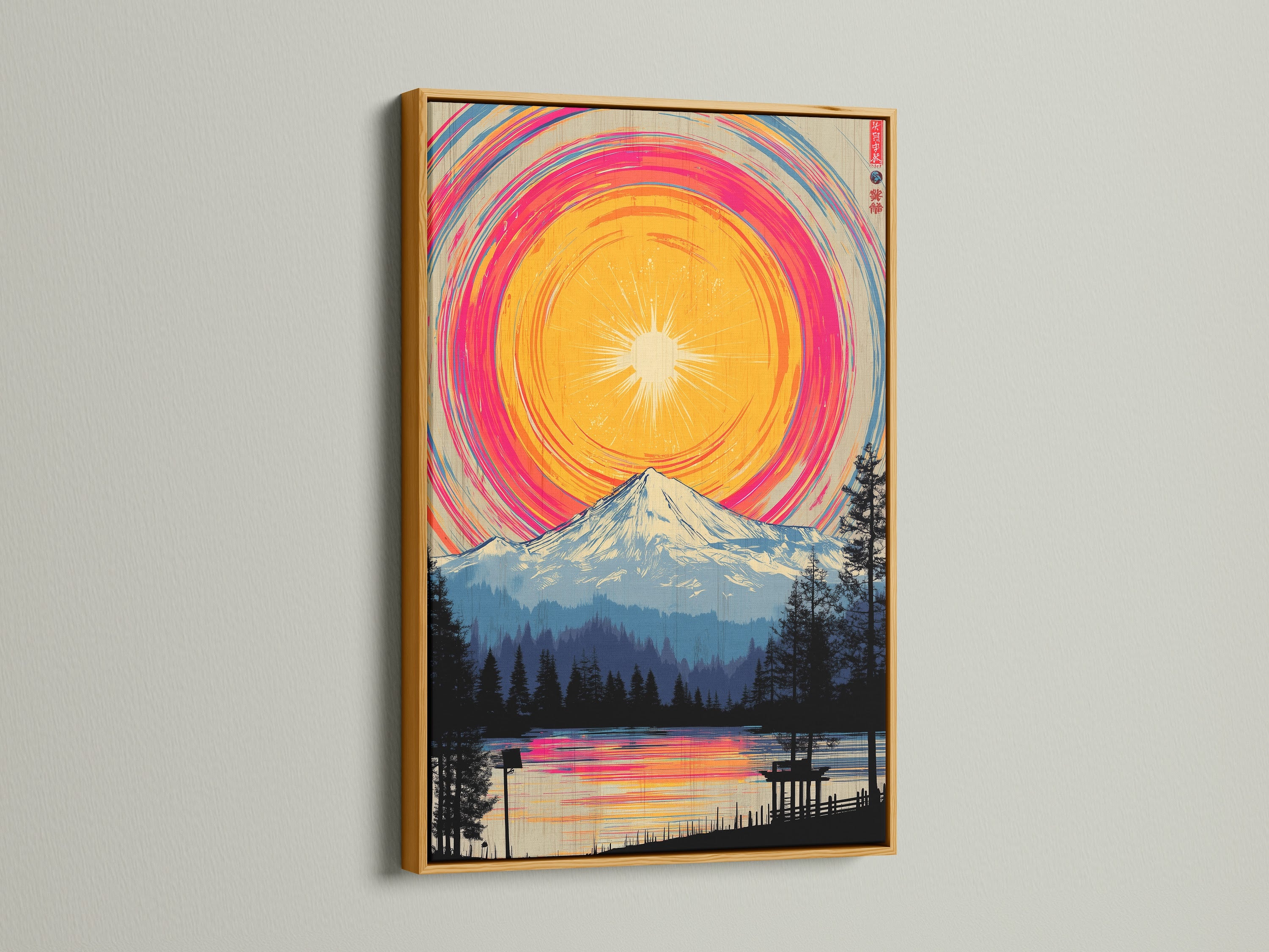 An eye-catching mountain lake artwork is displayed in a gold frame. The vibrant colors of the Japanese style artwork enhance the aesthetic appeal. This colorful landscape poster will transform bedroom decor. The gold frame adds luxury.