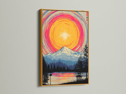 An eye-catching mountain lake artwork is displayed in a gold frame. The vibrant colors of the Japanese style artwork enhance the aesthetic appeal. This colorful landscape poster will transform bedroom decor. The gold frame adds luxury.