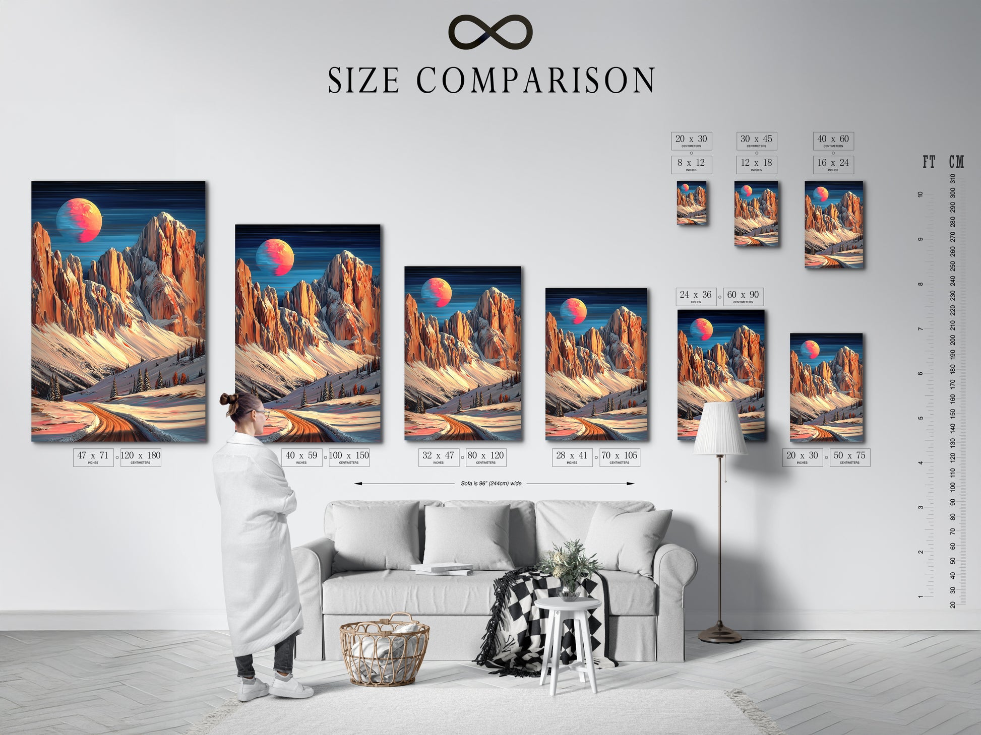 Compare sizes with this handy chart featuring the mountain moon artwork in an interior setting. Visualize how this winter landscape canvas print will look in your space. Peach and teal tones complement various decor styles. Find the perfect fit for your living room bedroom or ski chalet. Discover alpine artwork that suits your needs.