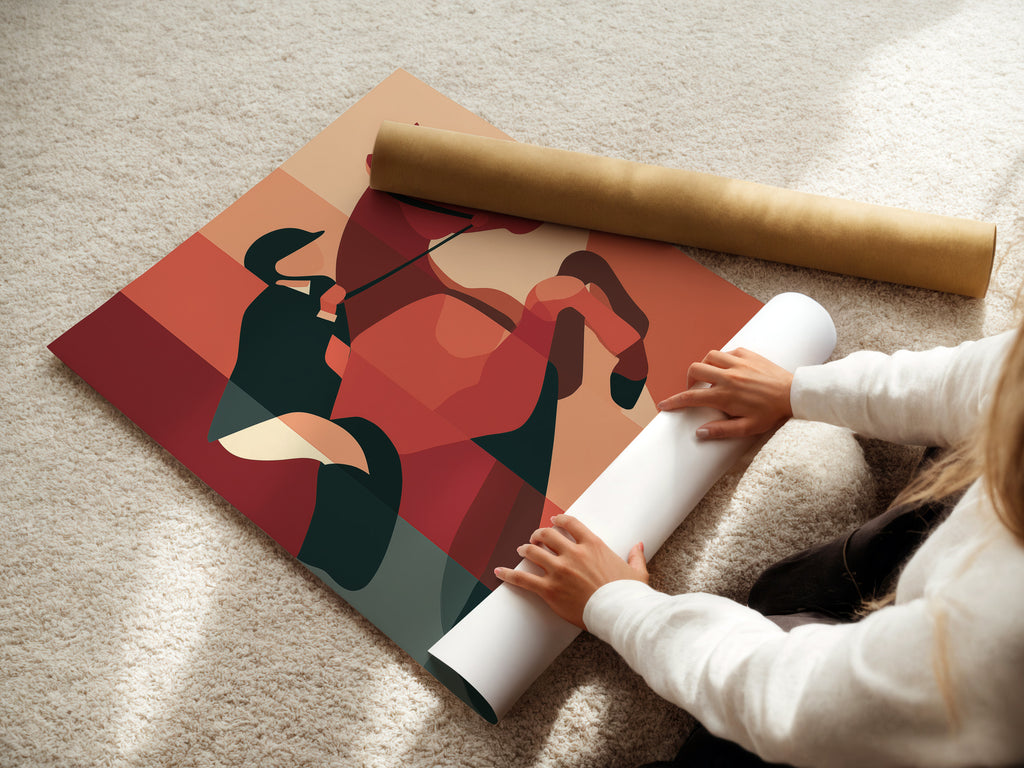 A woman is carefully rolling a fine art poster paper. The poster paper is high quality and ready for framing. Fine art posters are a great way to add art to your home. Purchase high-quality fine art prints.
