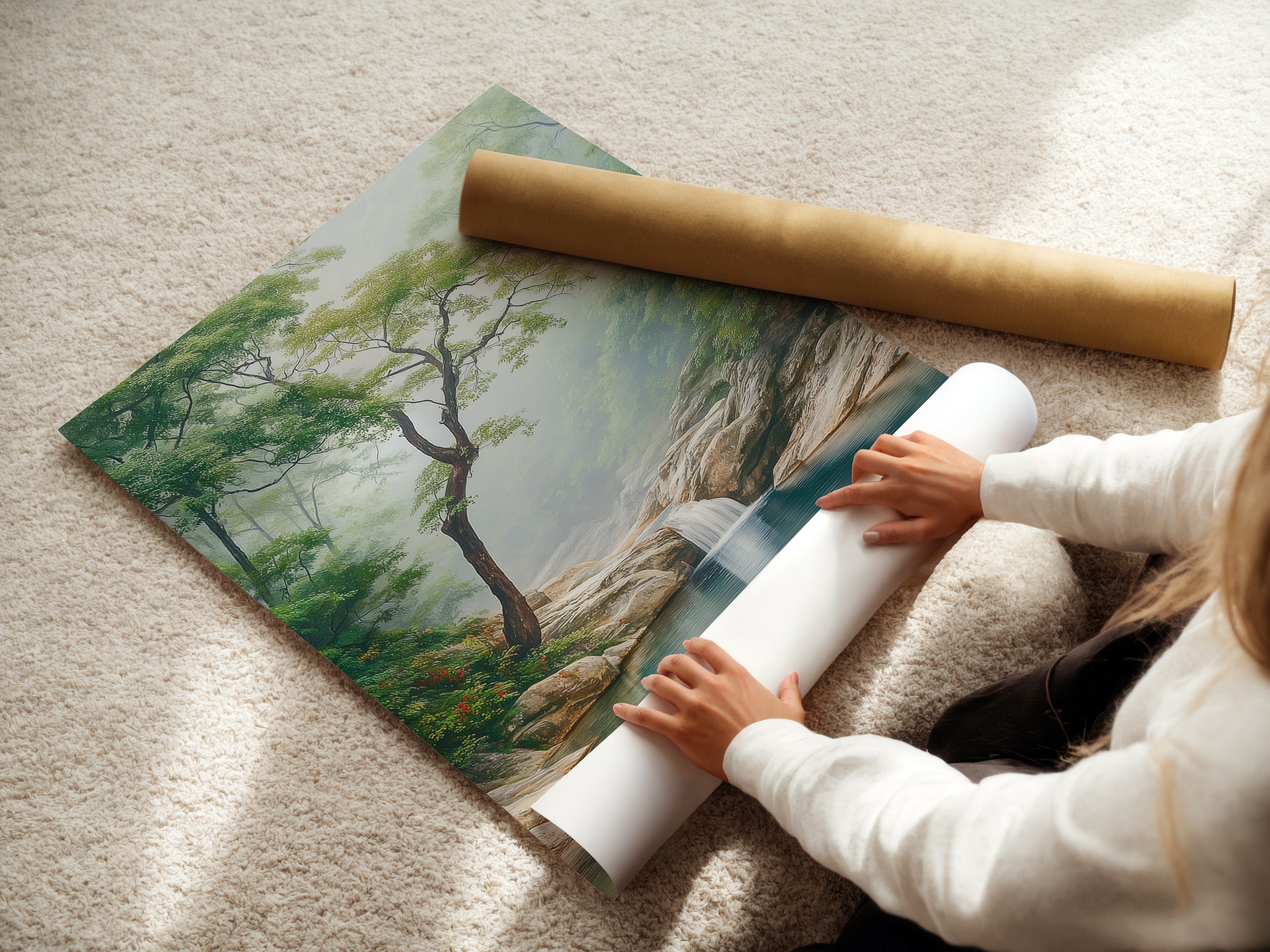 A woman is carefully rolling a fine art poster paper. The paper features a serene waterfall and forest artwork. High-quality printing ensures vivid colors and detail. Perfect for creating stunning wall art. Ideal for homeowners and interior decorators.