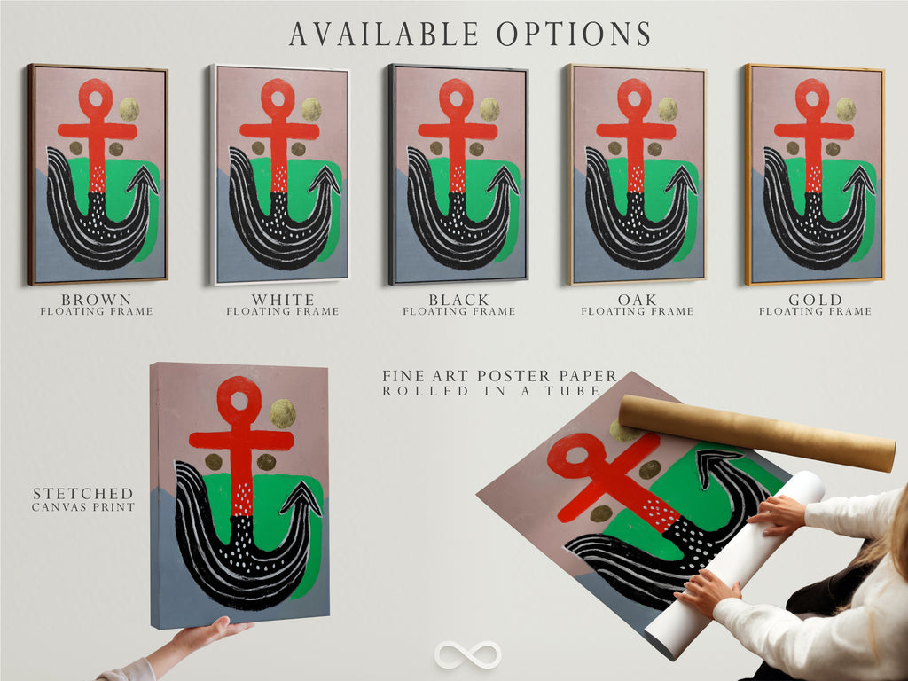 Available options for the Abstract Anchor artwork are displayed. Options include a stretched canvas print a fine art poster paper and a floating frame. Select the perfect format to match your style. Each option enhances the artwork's modern nautical charm.