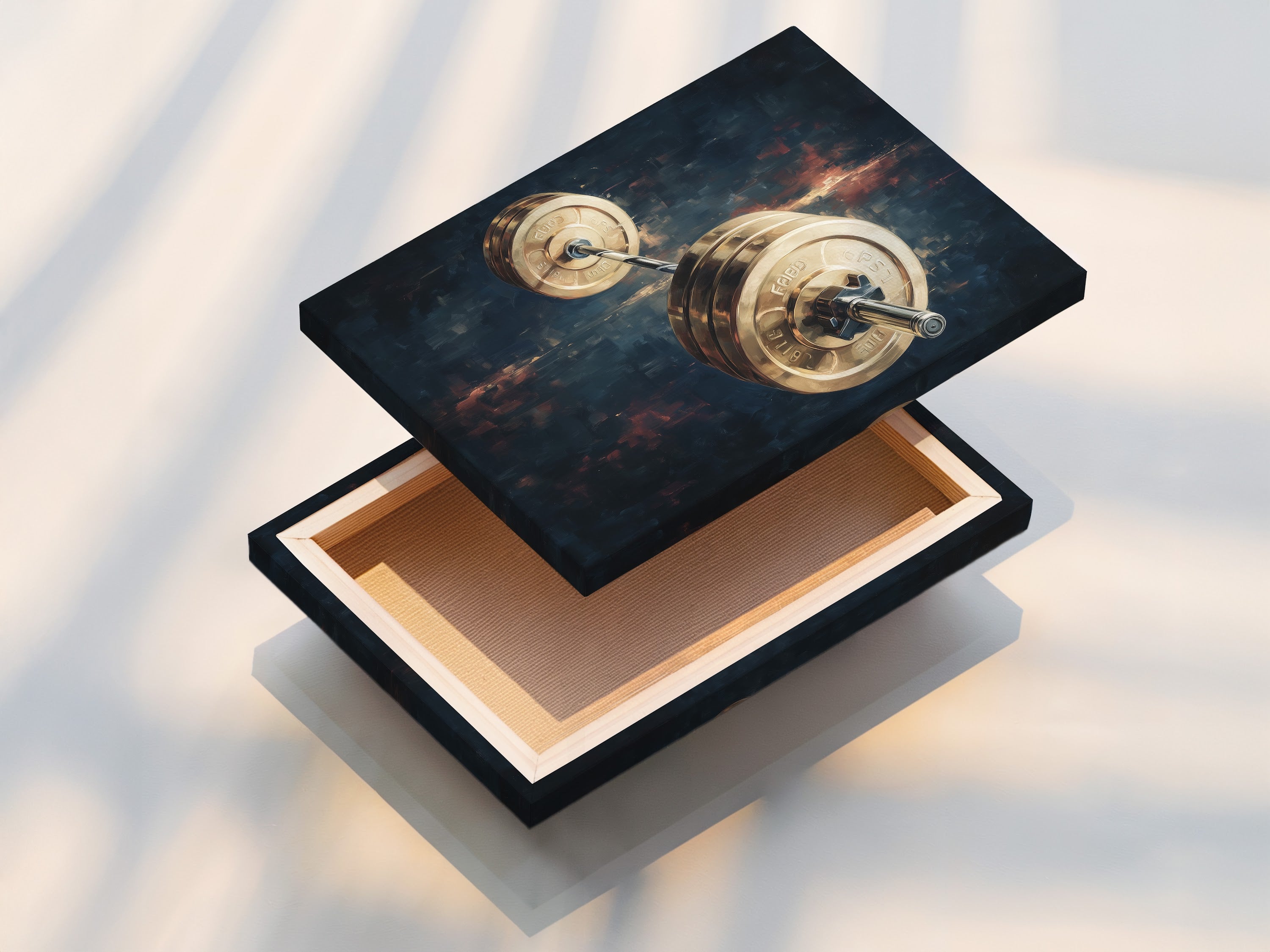 A stretched canvas print of barbell weights art. This is ready to hang in your home gym. The modern athletic decor enhances workout spaces. Explore our stretched canvas options now.