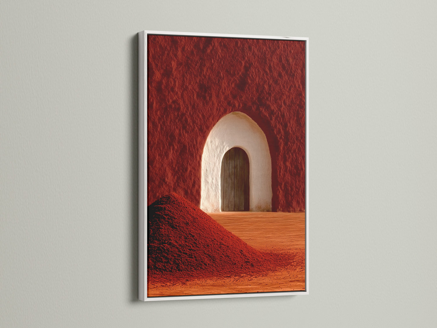 The desert arch art is presented in a white frame. A beautiful contrast enhancing its modern aesthetic. This southwest decor piece is perfect for minimalist decor. It is a striking abstract canvas for living rooms or bedrooms.