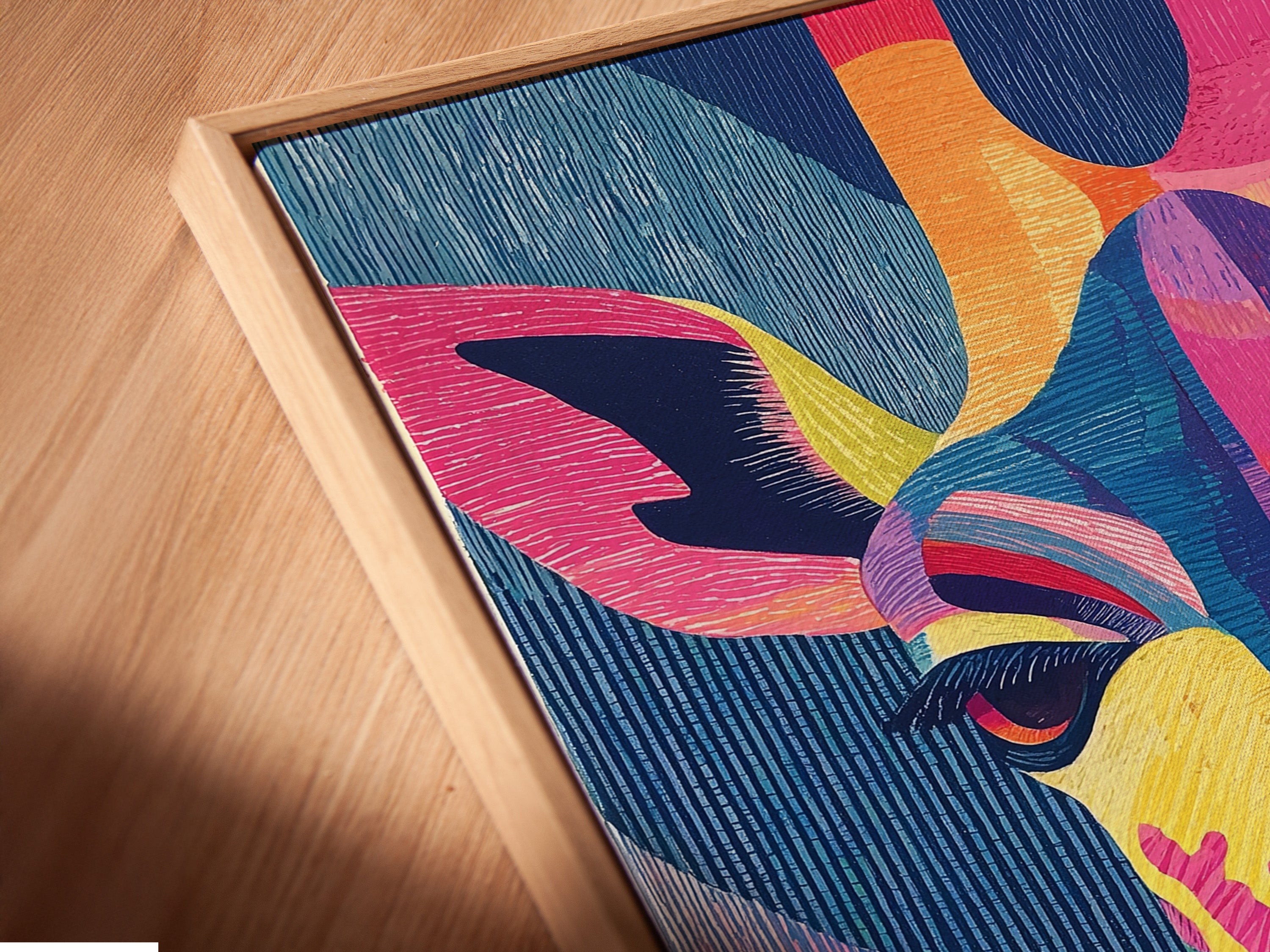 Close up angled view of a canvas print in a floating frame. The artwork is a colorful giraffe. It is a modern piece of animal art. It is perfect for adding a touch of safari to a kids room or nursery decor. The floating frame gives it a gallery-like feel.