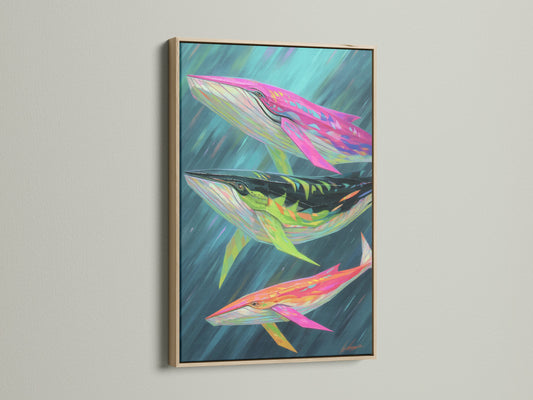 View a whale art print in an oak frame. The colorful marine life poster enhances bedroom coastal decor. This ocean canvas print brings a nautical touch. Perfect for sea animal art lovers.