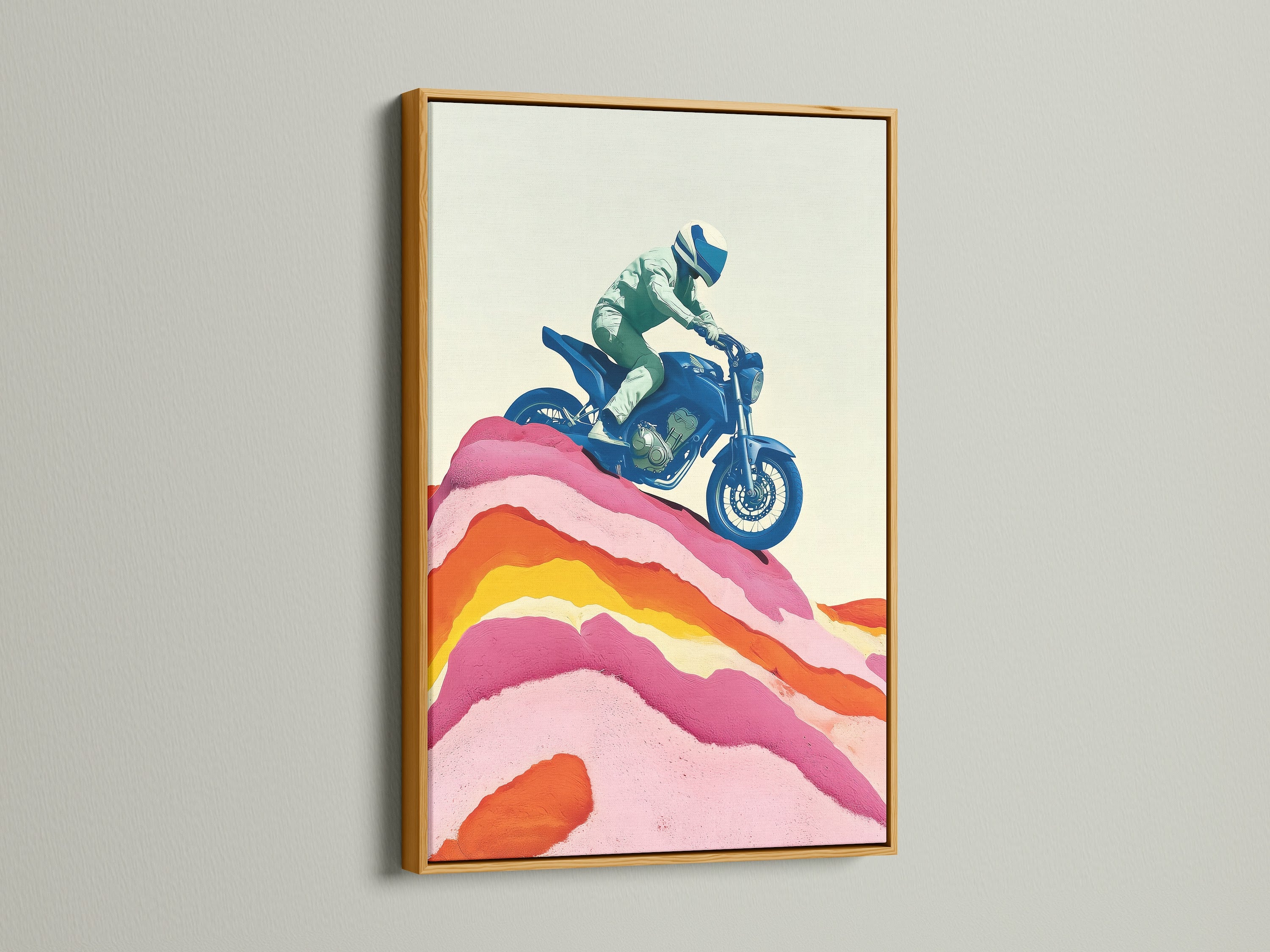 Elevate your space with this motorcycle art print in a gold frame. This vintage motorbike canvas adds a retro touch to any room. The artwork features a blue motorcycle and pink accents. Perfect for garage decor.