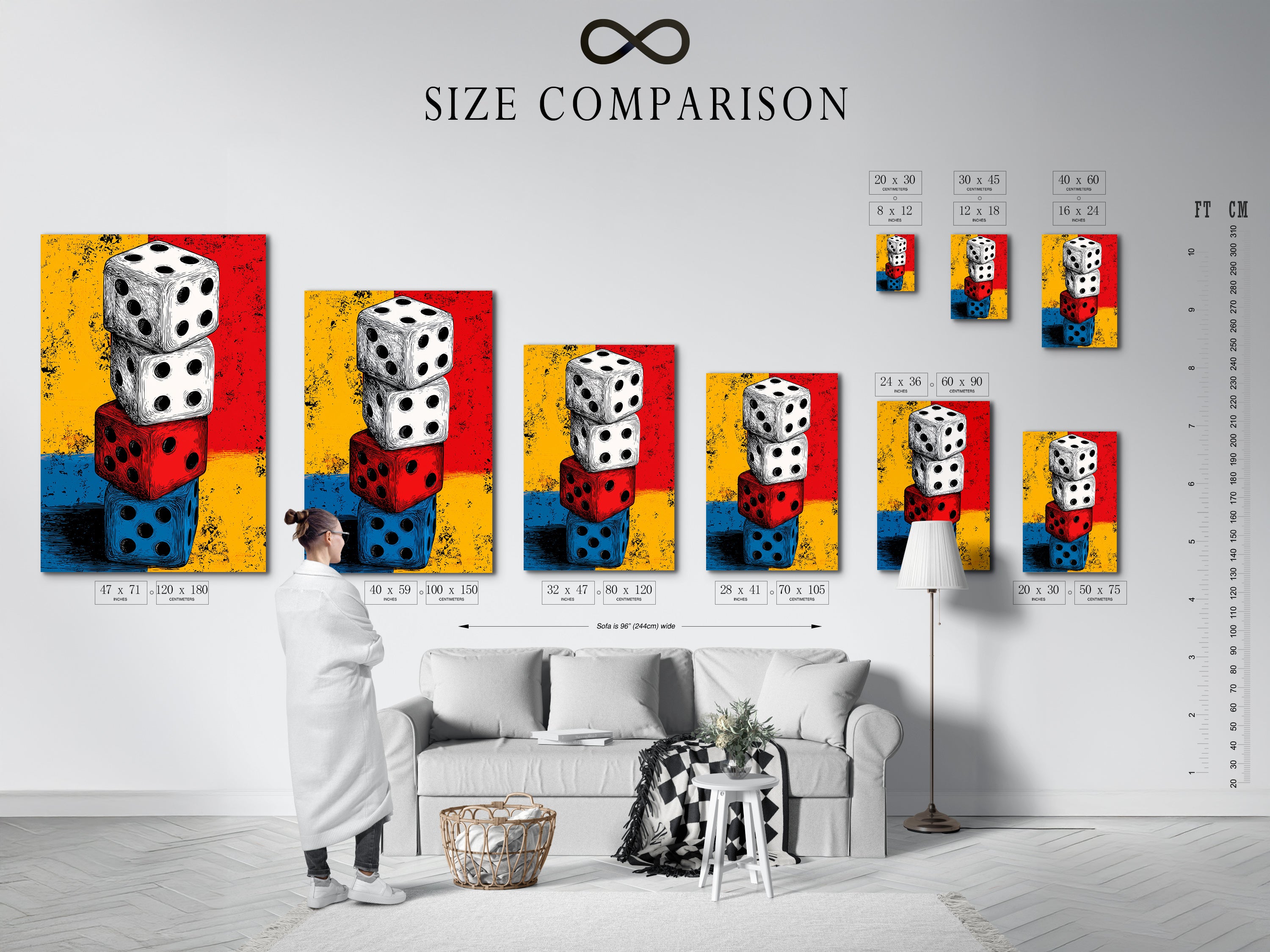 Size comparison chart of the Vintage Dice artwork in an interior. This vintage gaming artwork is a great addition to any space. The artwork is a colorful canvas art. Get your pop art print today