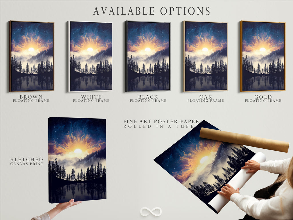 Available options for the Mountain Lake artwork including a stretched canvas print. Also shown are fine art poster paper and a floating frame. Select the perfect format for your nature print. Enhance your bedroom decor with mountain decor and wilderness art.