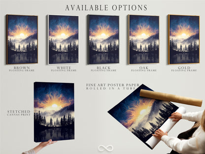 Available options for the Mountain Lake artwork including a stretched canvas print. Also shown are fine art poster paper and a floating frame. Select the perfect format for your nature print. Enhance your bedroom decor with mountain decor and wilderness art.