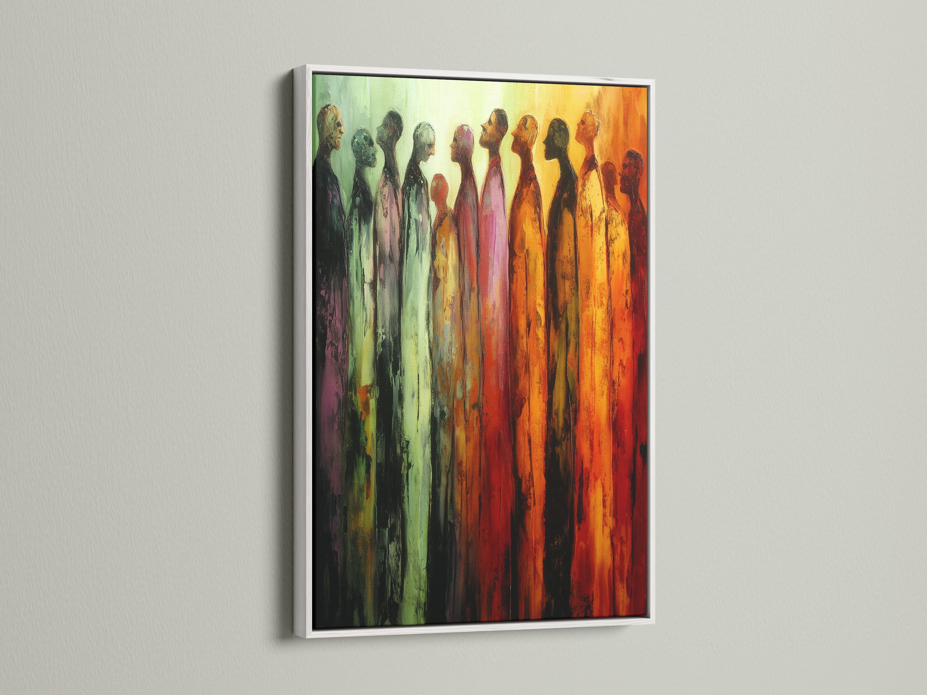 Abstract figures artwork in a white frame. This warm toned artwork is perfect as a modern art print. Ideal for gallery wall art. The white frame enhances contemporary print aesthetic. A unique wall art choice for any room.