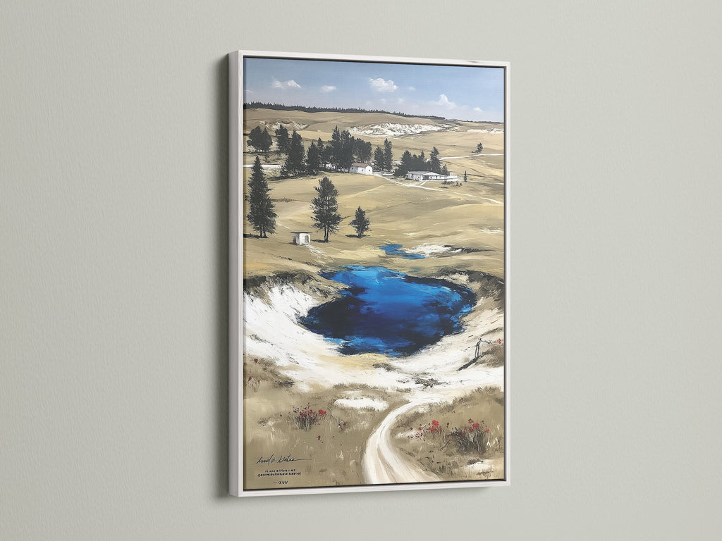 White frame displays Wyoming landscape artwork. Ideal for rustic farmhouse neutral or nature-inspired styles. The Grand Prismatic Springs Yellowstone National Park poster is great for living rooms cabins offices and libraries. Nature wall art brings scenic artwork to any space.
