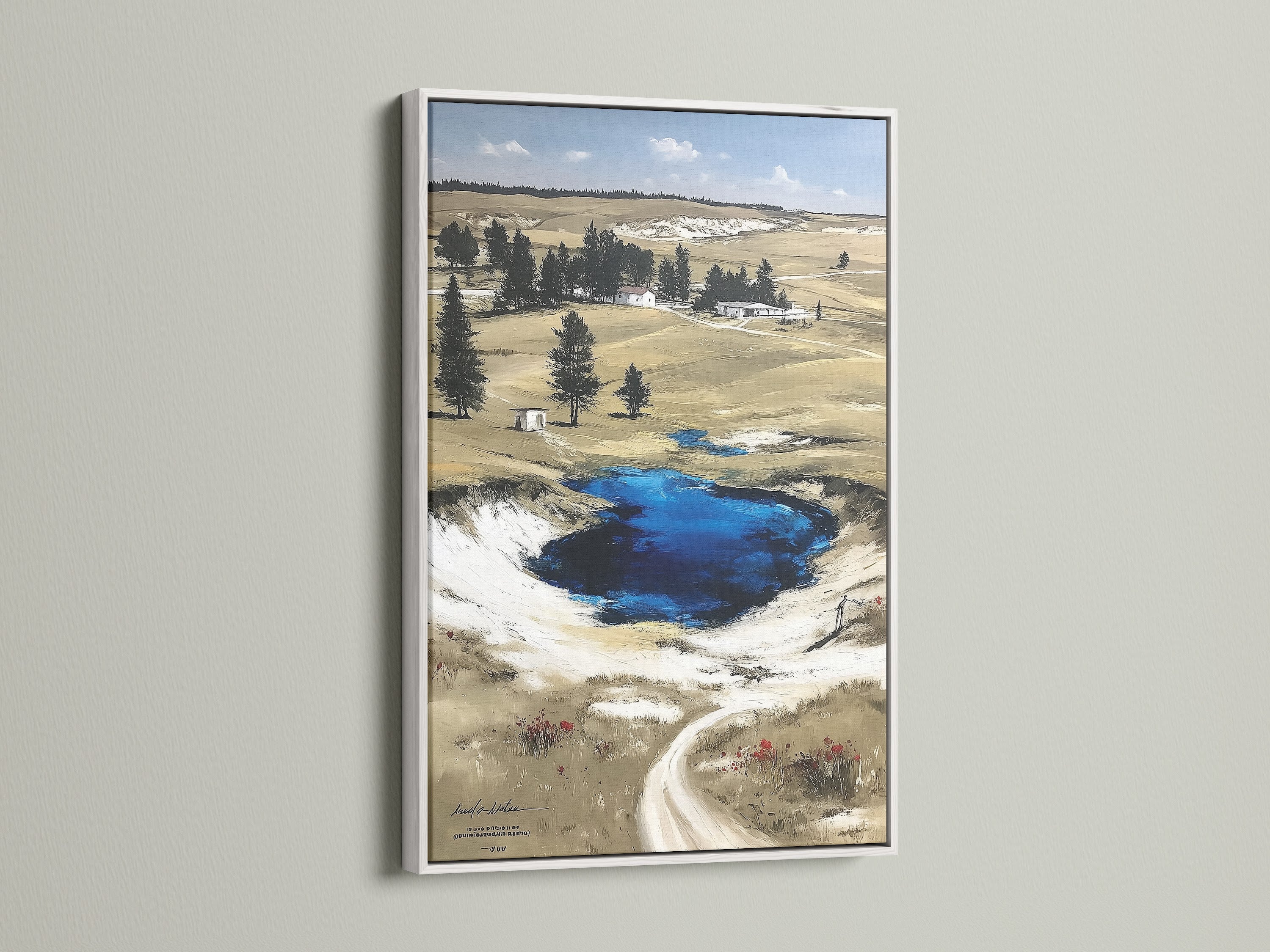 White frame displays Wyoming landscape artwork. Ideal for rustic farmhouse neutral or nature-inspired styles. The Grand Prismatic Springs Yellowstone National Park poster is great for living rooms cabins offices and libraries. Nature wall art brings scenic artwork to any space.